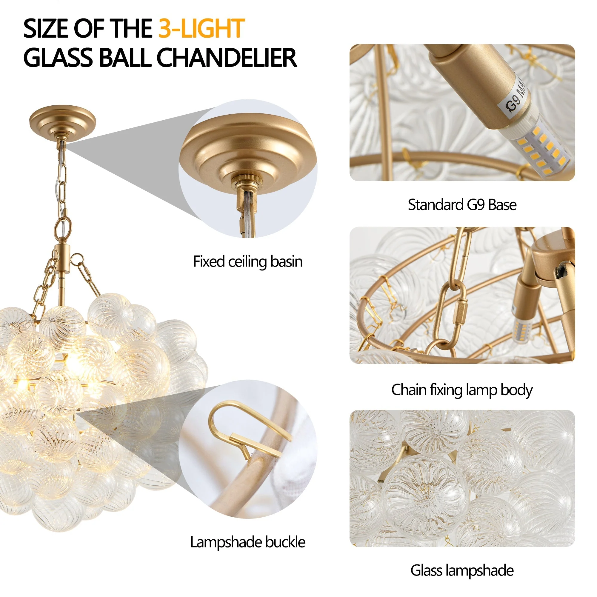 20-Inch Gold Pendant Light Chandelier with Threaded Clear Glass Globe Shade - Image 9