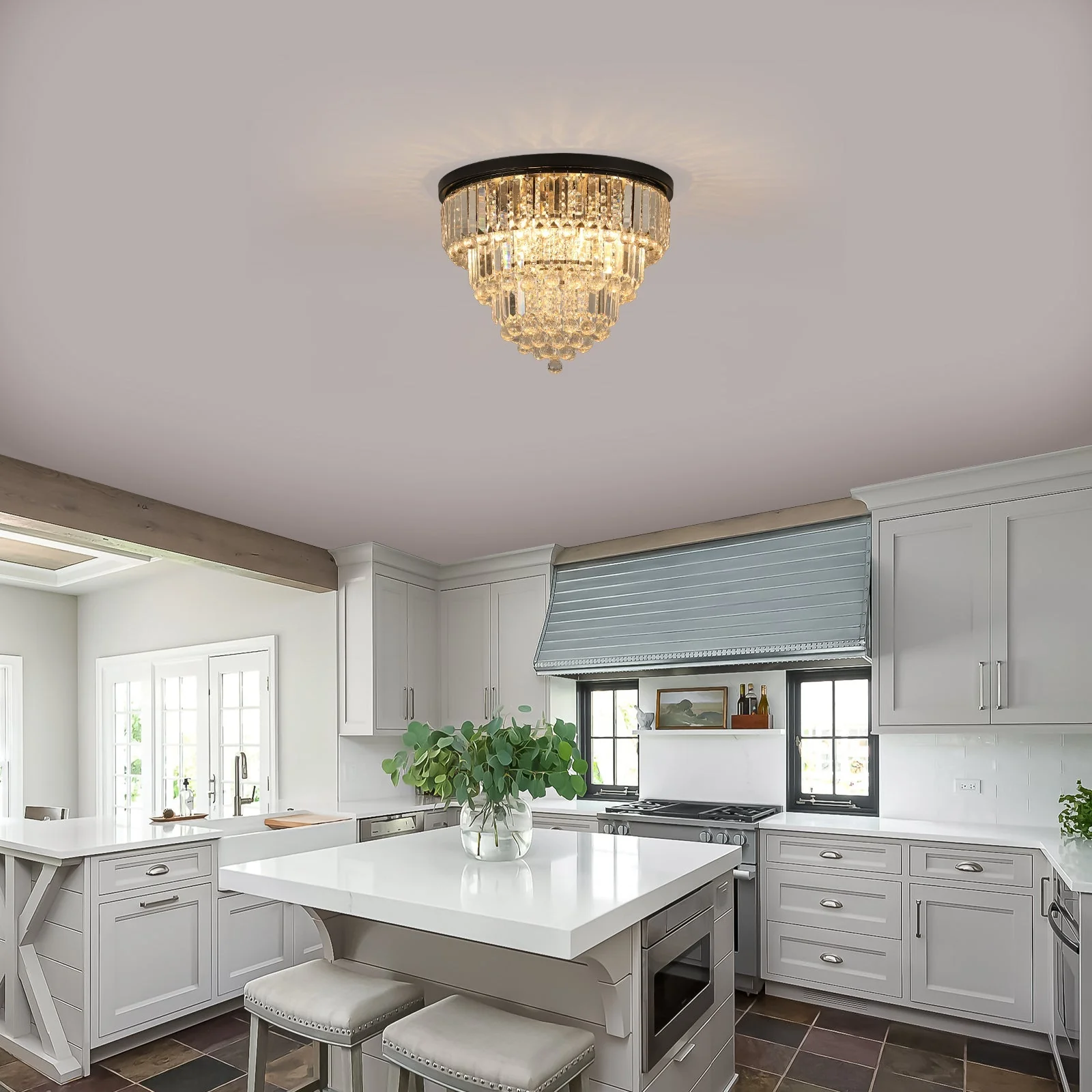 20' Luxury Crystal Flush Mount Ceiling Light with Black Finish – Elegant 6-Light Chandelier for Living Room, Dining Room, or Bedroom (Bulb Not Included) - Image 3