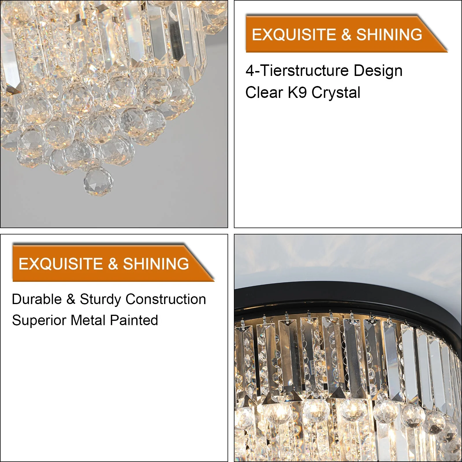 20' Luxury Crystal Flush Mount Ceiling Light with Black Finish – Elegant 6-Light Chandelier for Living Room, Dining Room, or Bedroom (Bulb Not Included) - Image 5