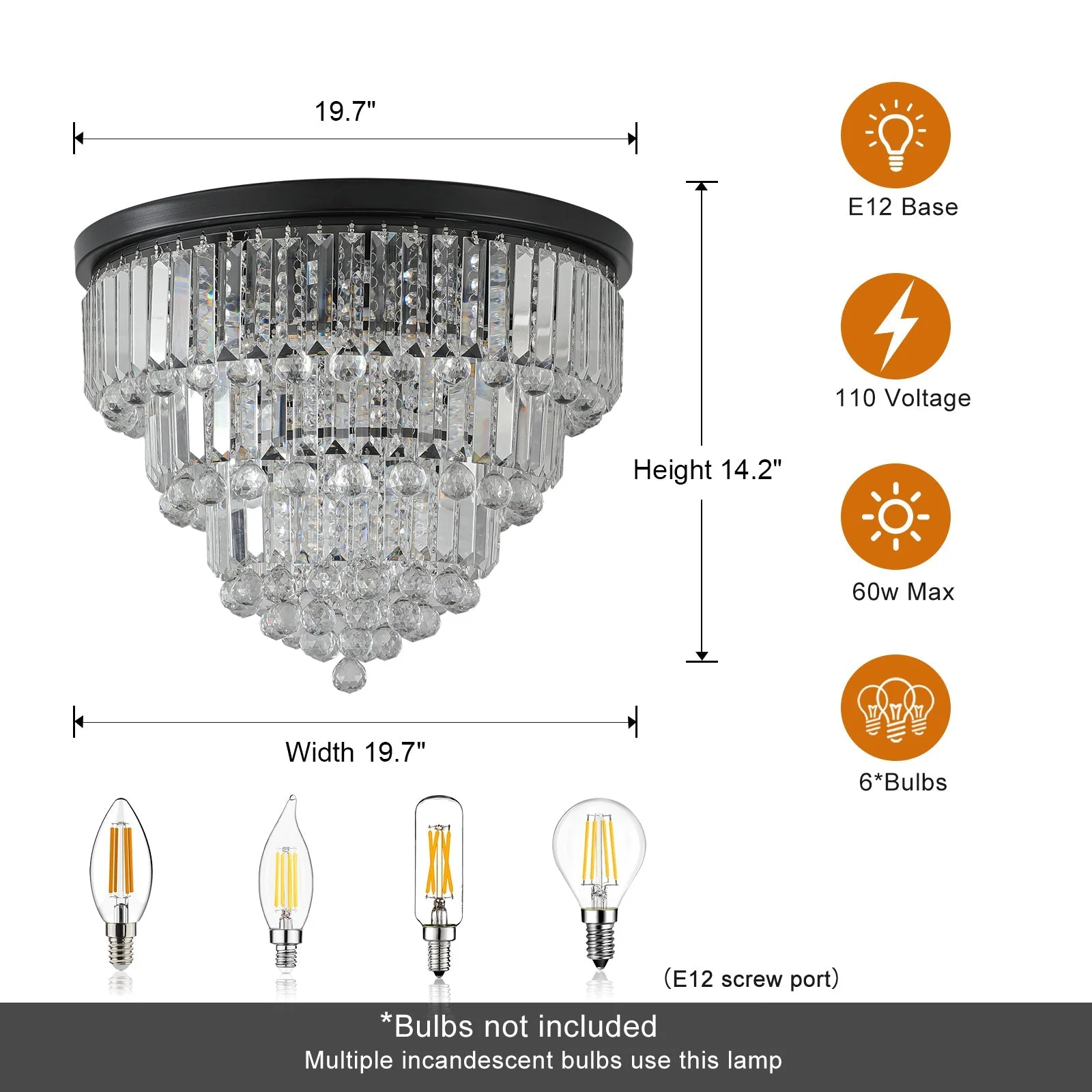 20' Luxury Crystal Flush Mount Ceiling Light with Black Finish – Elegant 6-Light Chandelier for Living Room, Dining Room, or Bedroom (Bulb Not Included) - Image 7