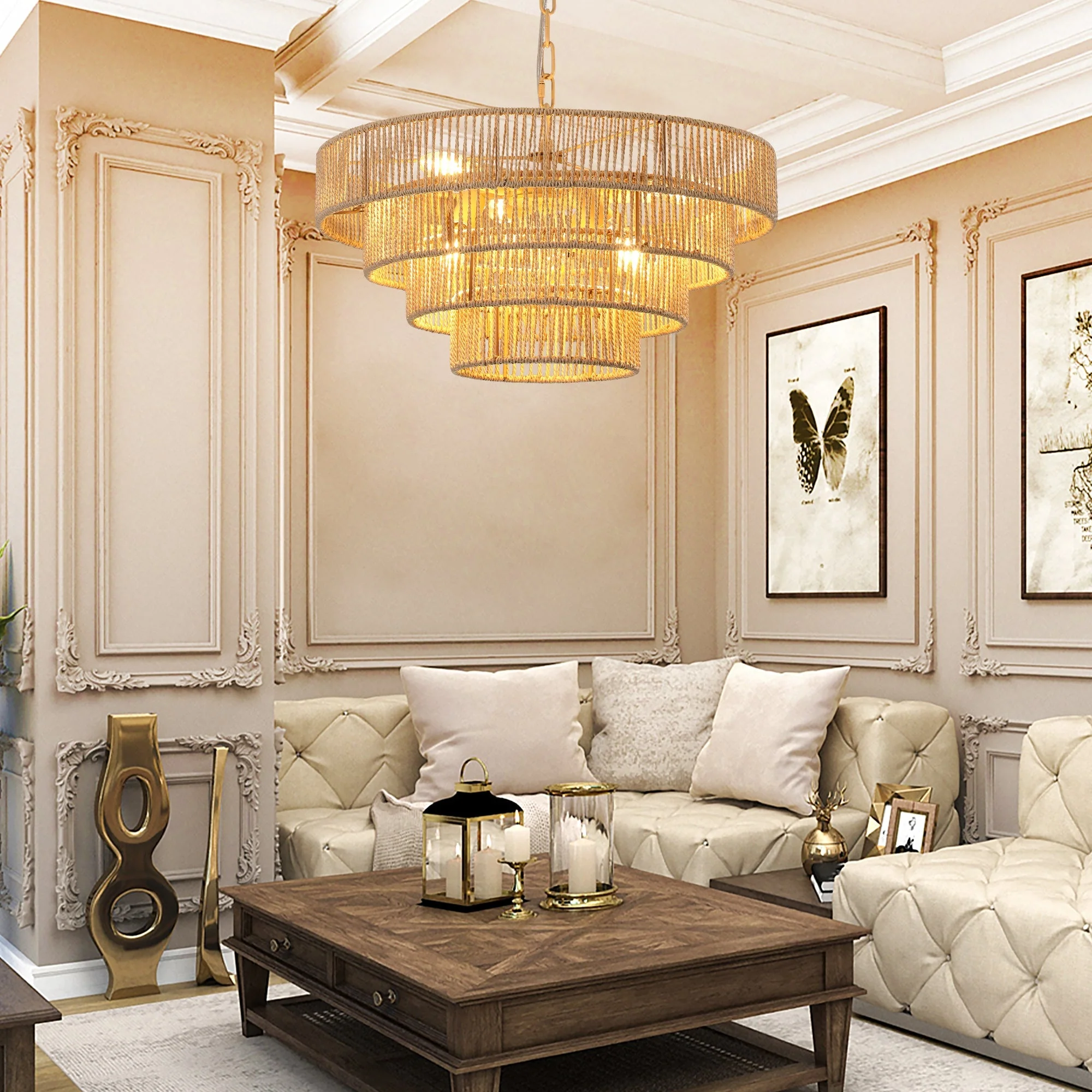 20' Modern 4-Layer Woven Hemp Rope Chandelier - Image 3