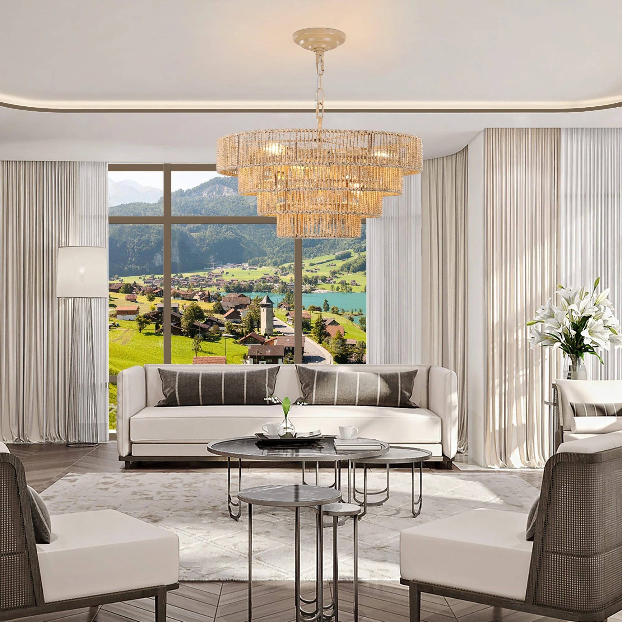 20' Modern 4-Layer Woven Hemp Rope Chandelier - Image 5