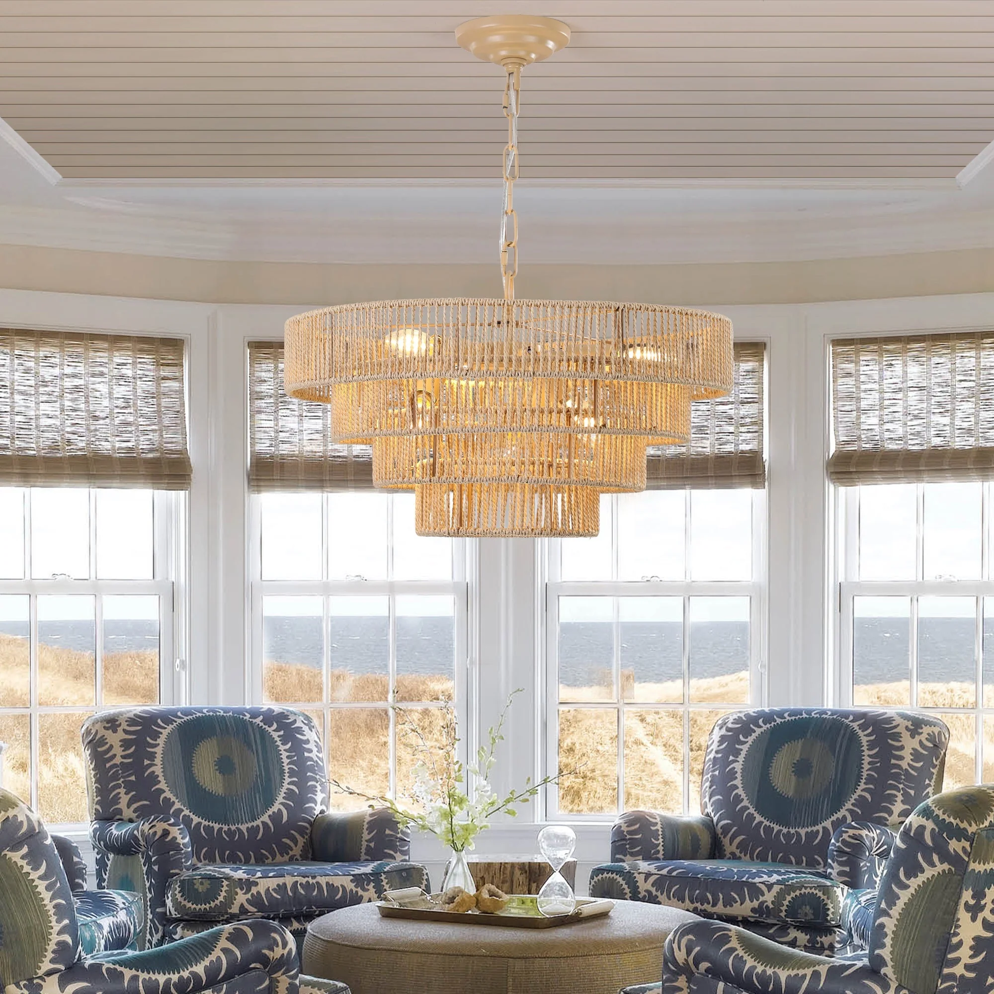 20' Modern 4-Layer Woven Hemp Rope Chandelier - Image 6