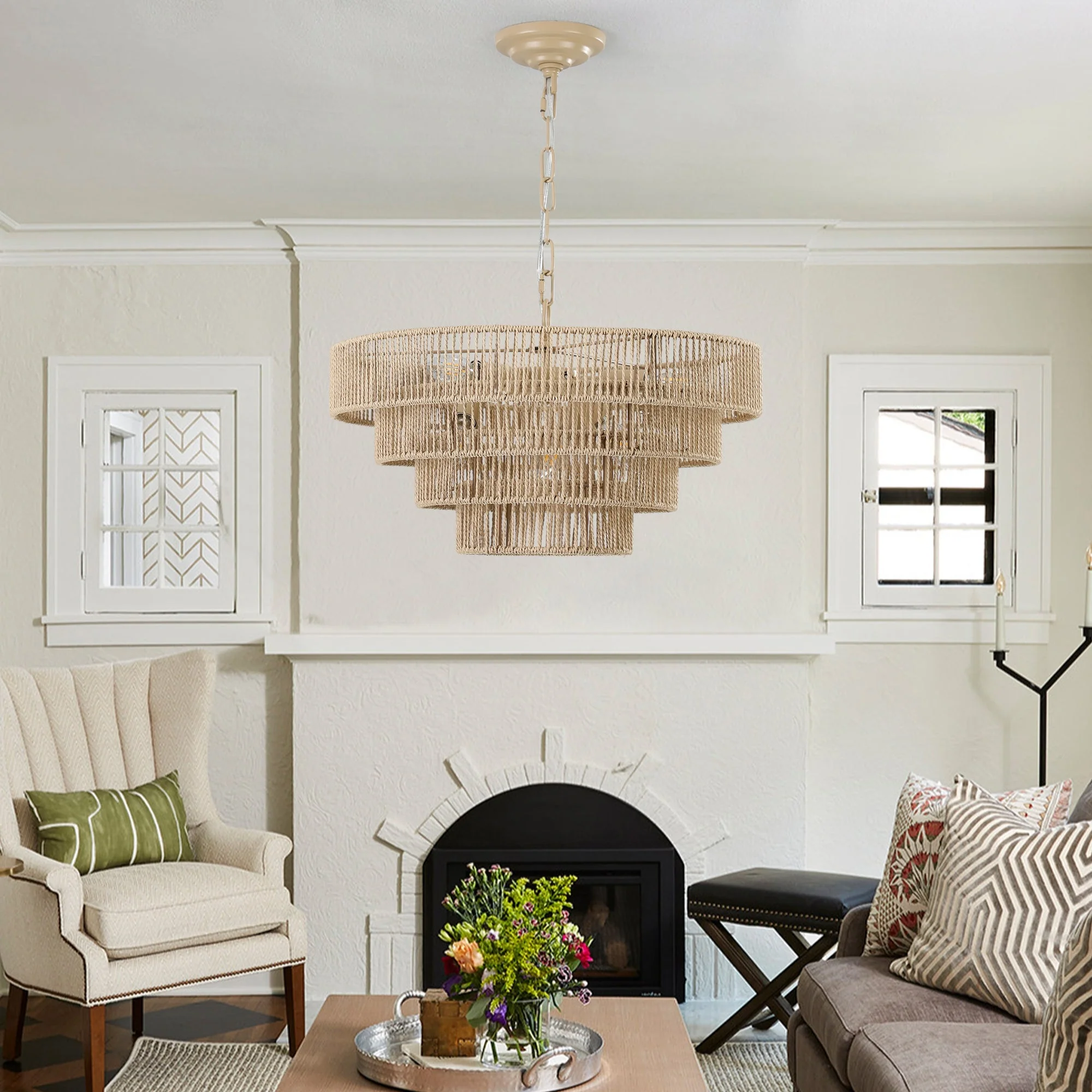 20' Modern 4-Layer Woven Hemp Rope Chandelier - Image 7