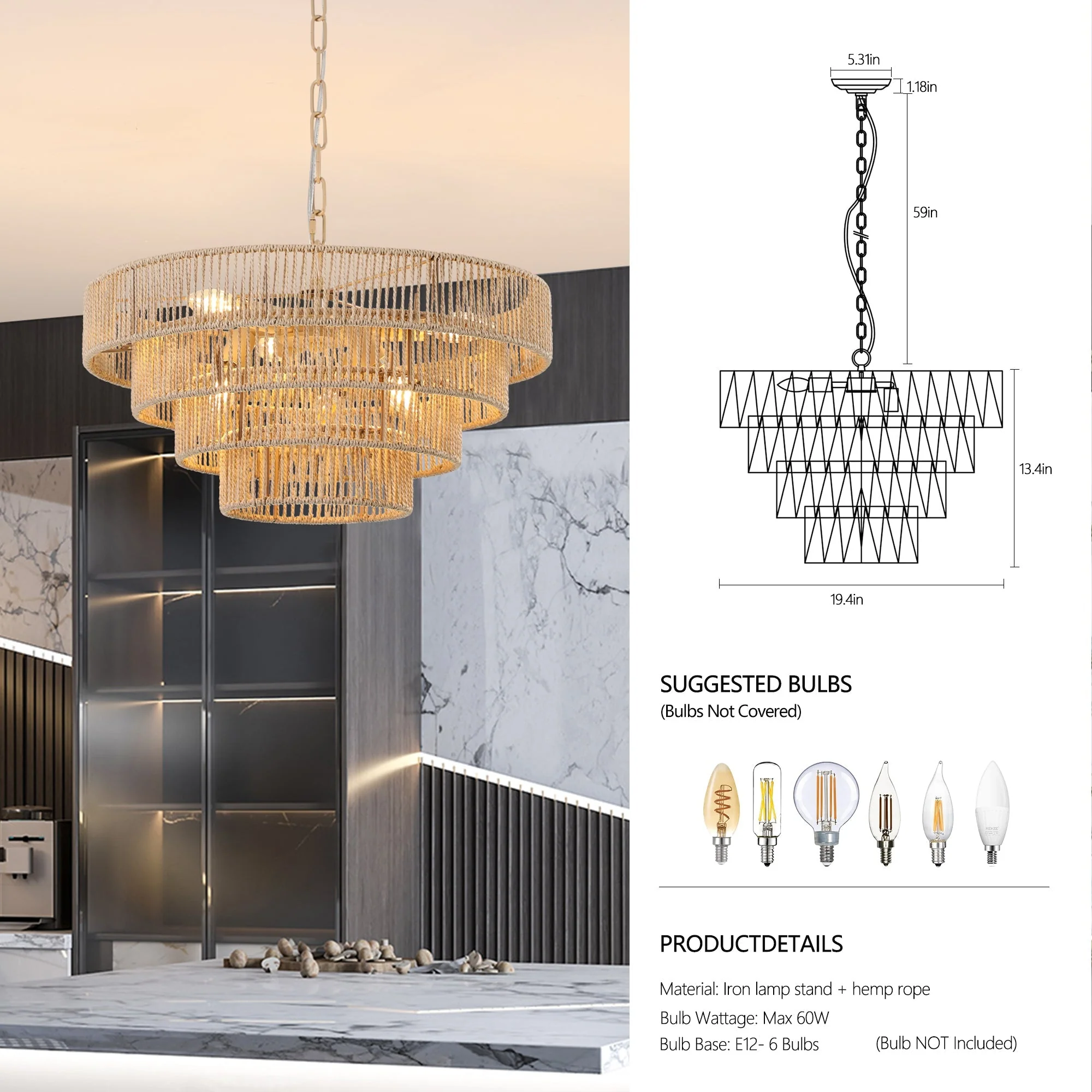 20' Modern 4-Layer Woven Hemp Rope Chandelier - Image 8