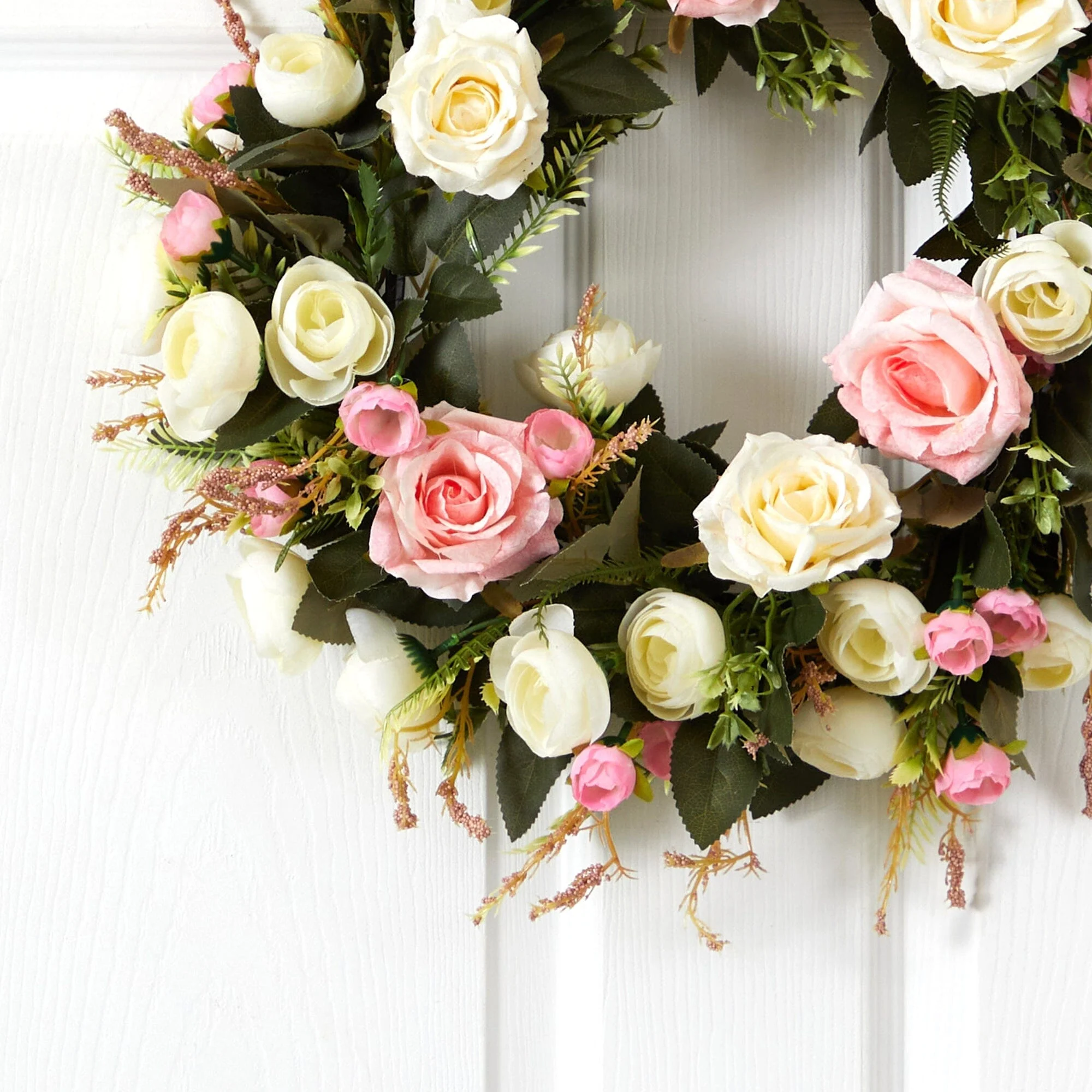 20” White & Pink Rose Artificial Wreath - Image 2