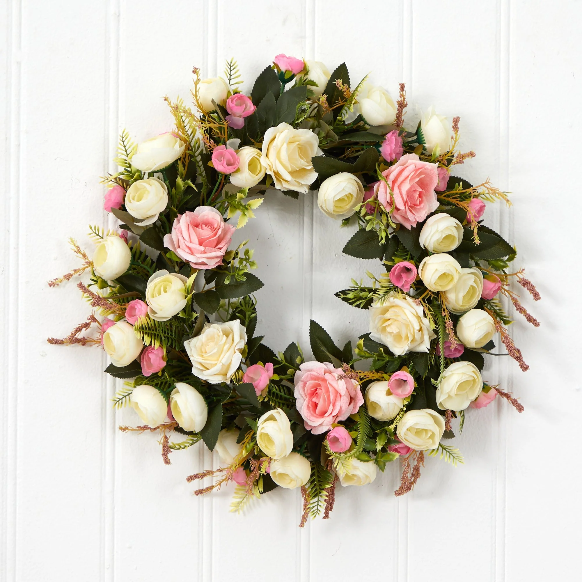 20” White & Pink Rose Artificial Wreath - Image 3
