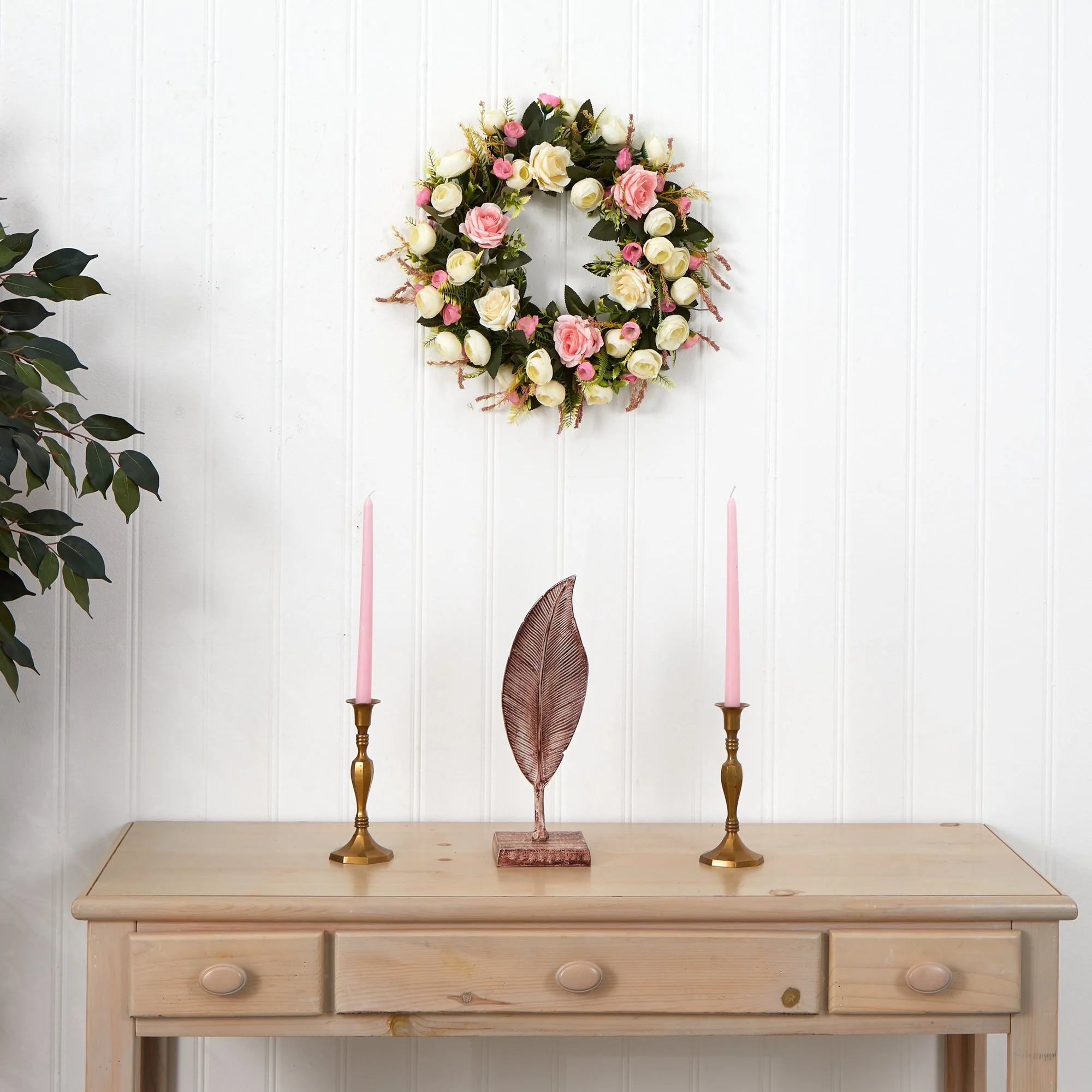 20” White & Pink Rose Artificial Wreath - Image 4