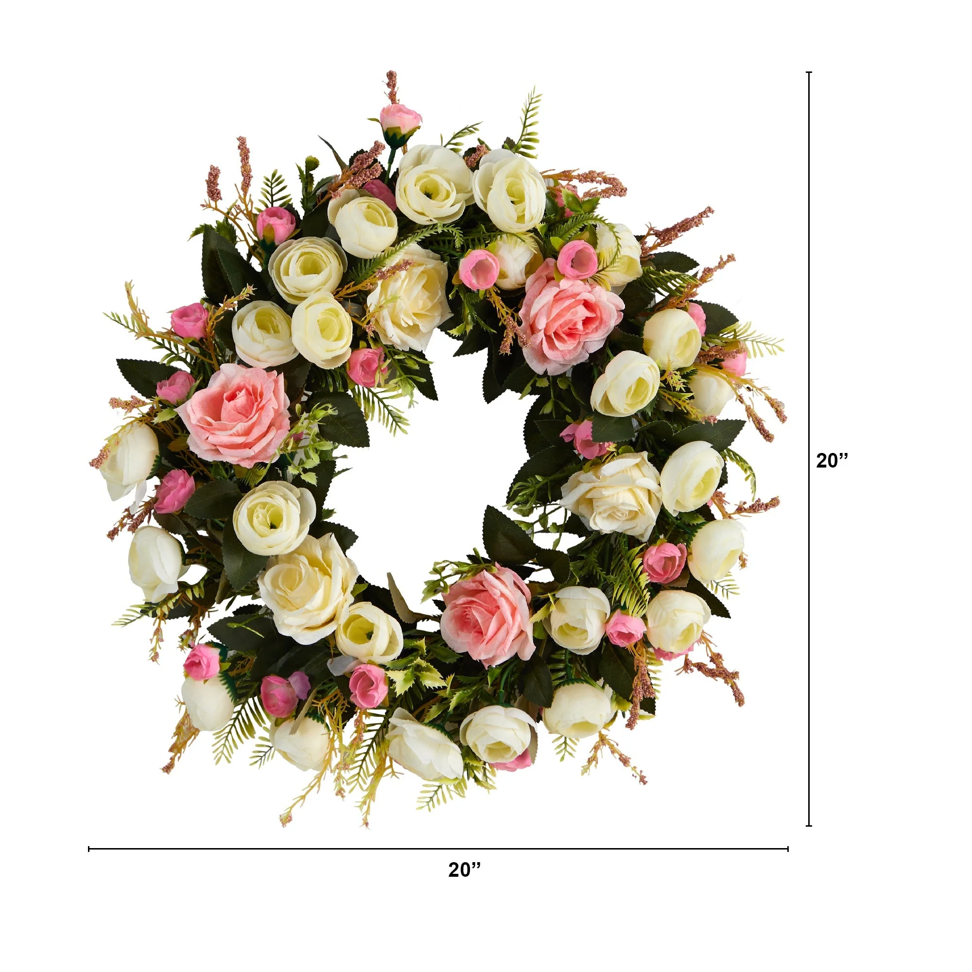 20” White & Pink Rose Artificial Wreath - Image 5