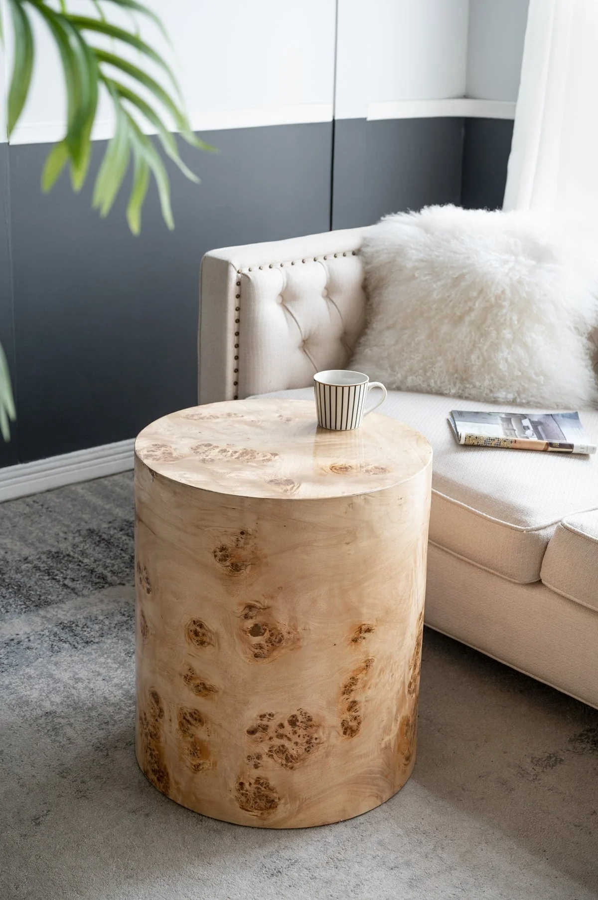 20x20x24 Burl Wood Brown Cylinder Side Table - Image 10