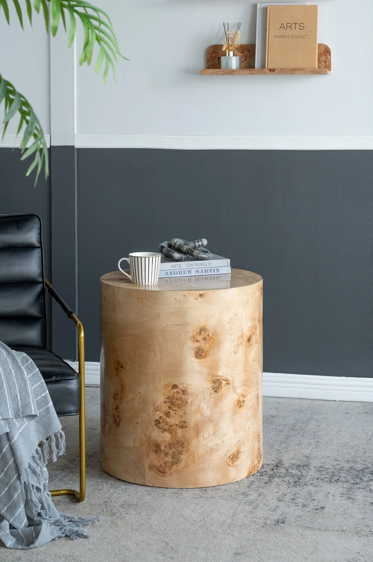20x20x24 Burl Wood Brown Cylinder Side Table - Image 12