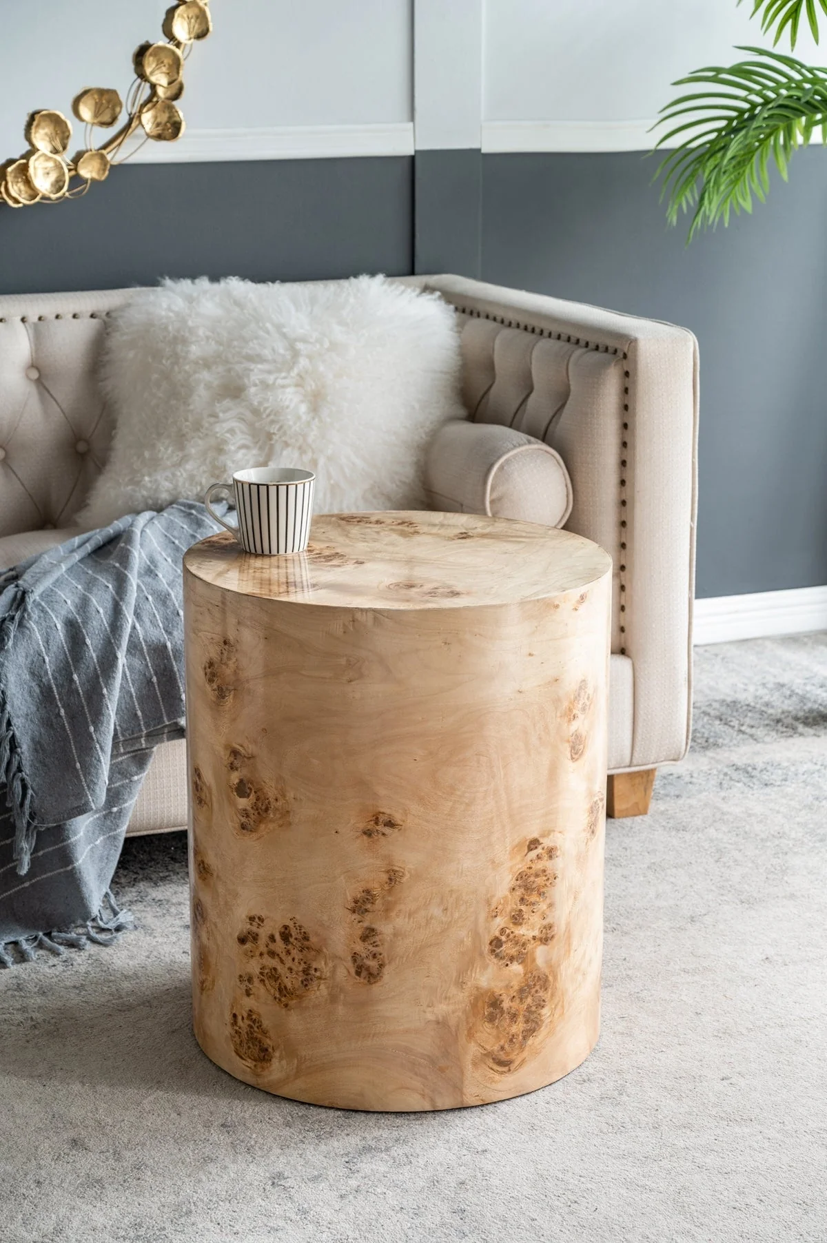 20x20x24 Burl Wood Brown Cylinder Side Table - Image 2