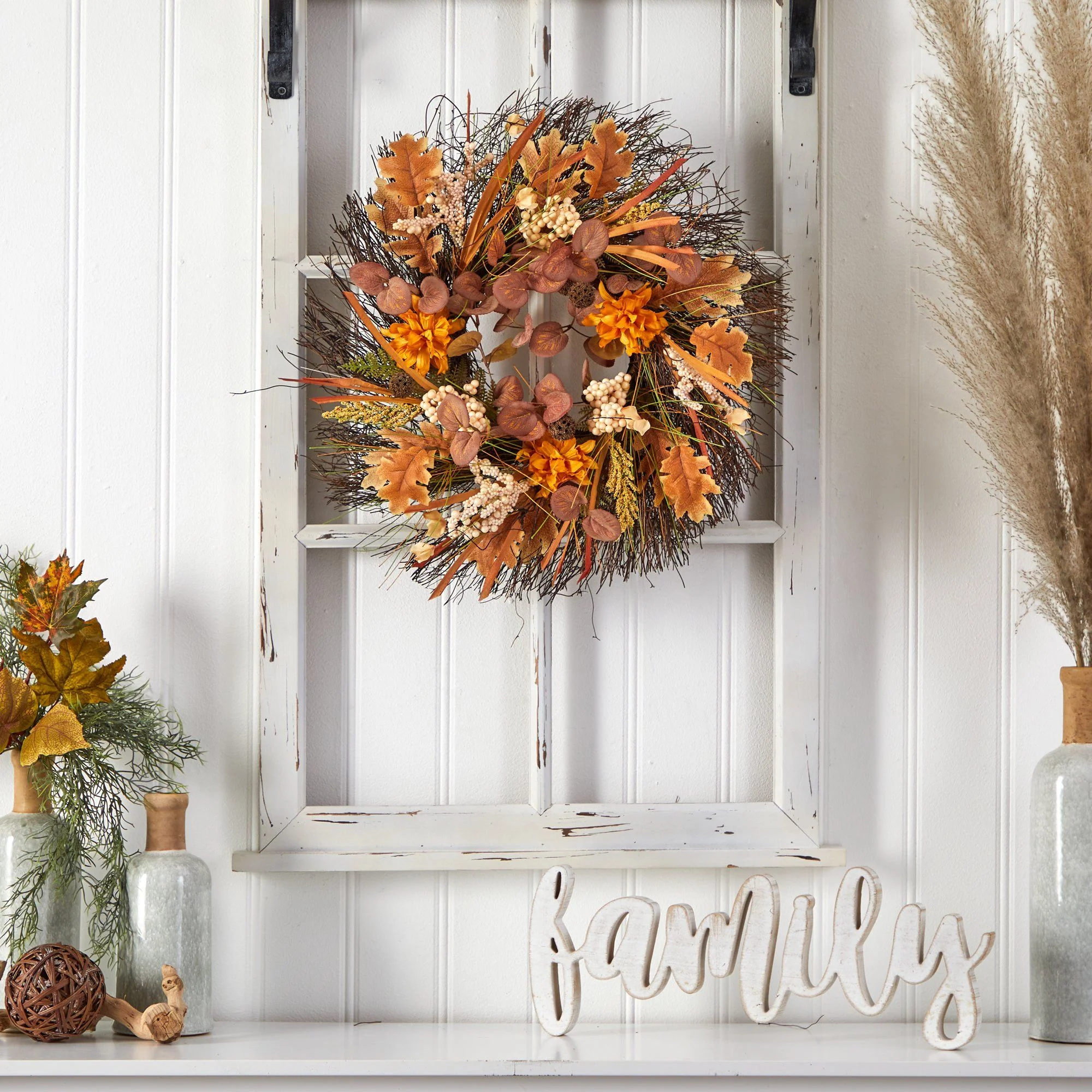 22” Autumn Dahlia and Berries Artificial Fall Wreath - Image 5