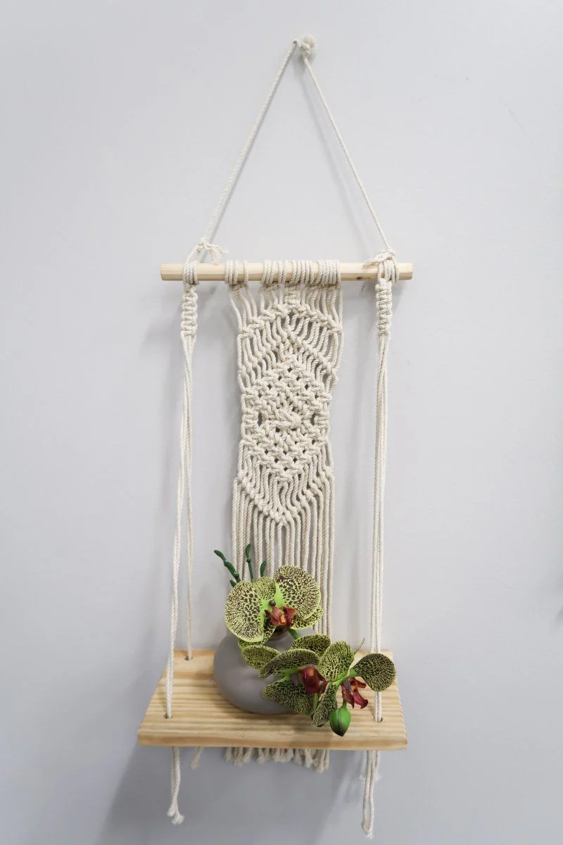22” Boho Chic Wood Macrame Shelf with Diamond Weave - Image 3