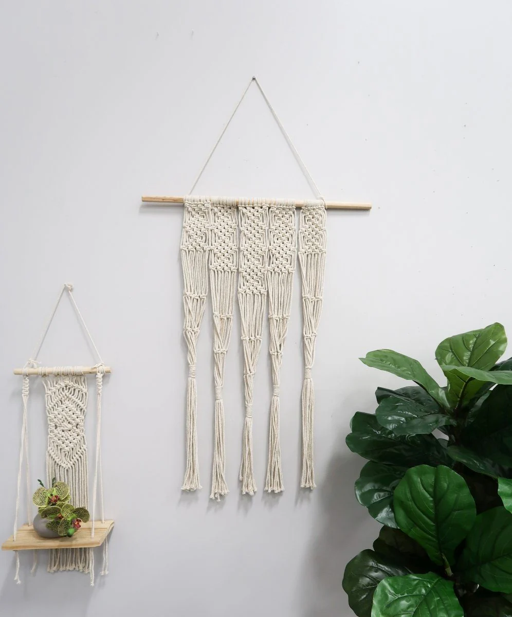 22” Boho Chic Wood Macrame Shelf with Diamond Weave - Image 4
