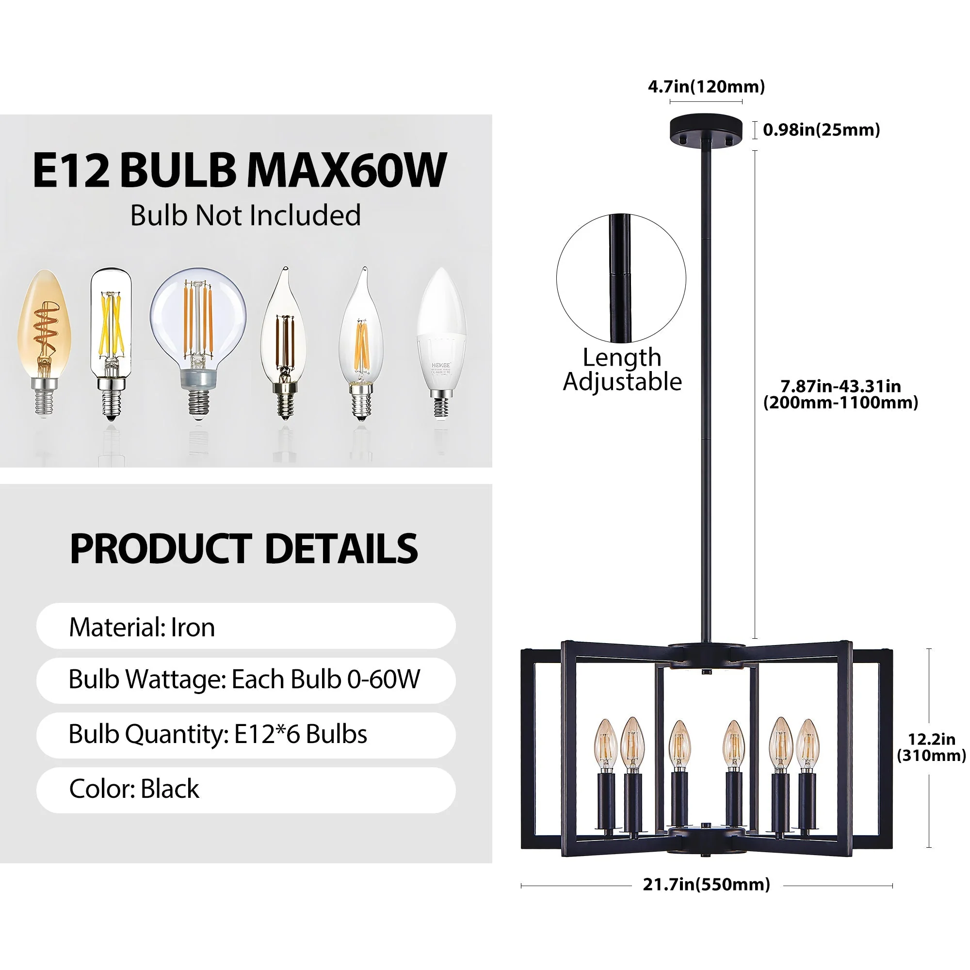 22' Modern Black Geometric 6-Light Chandelier – Industrial Metal Pendant Light Fixture for Living Room, Dining Room, or Kitchen (Bulb Not Included) - Image 10