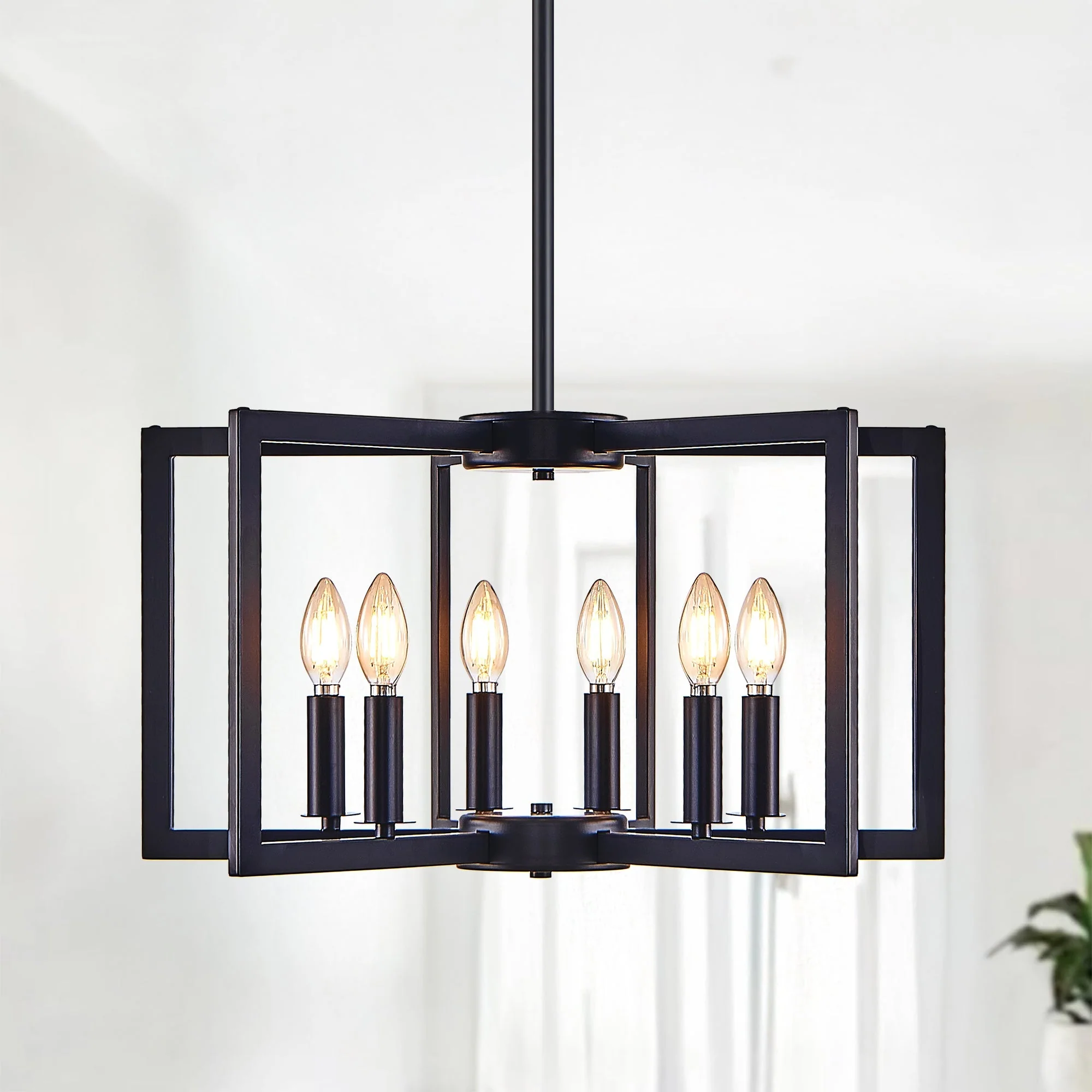 22' Modern Black Geometric 6-Light Chandelier – Industrial Metal Pendant Light Fixture for Living Room, Dining Room, or Kitchen (Bulb Not Included) - Image 2