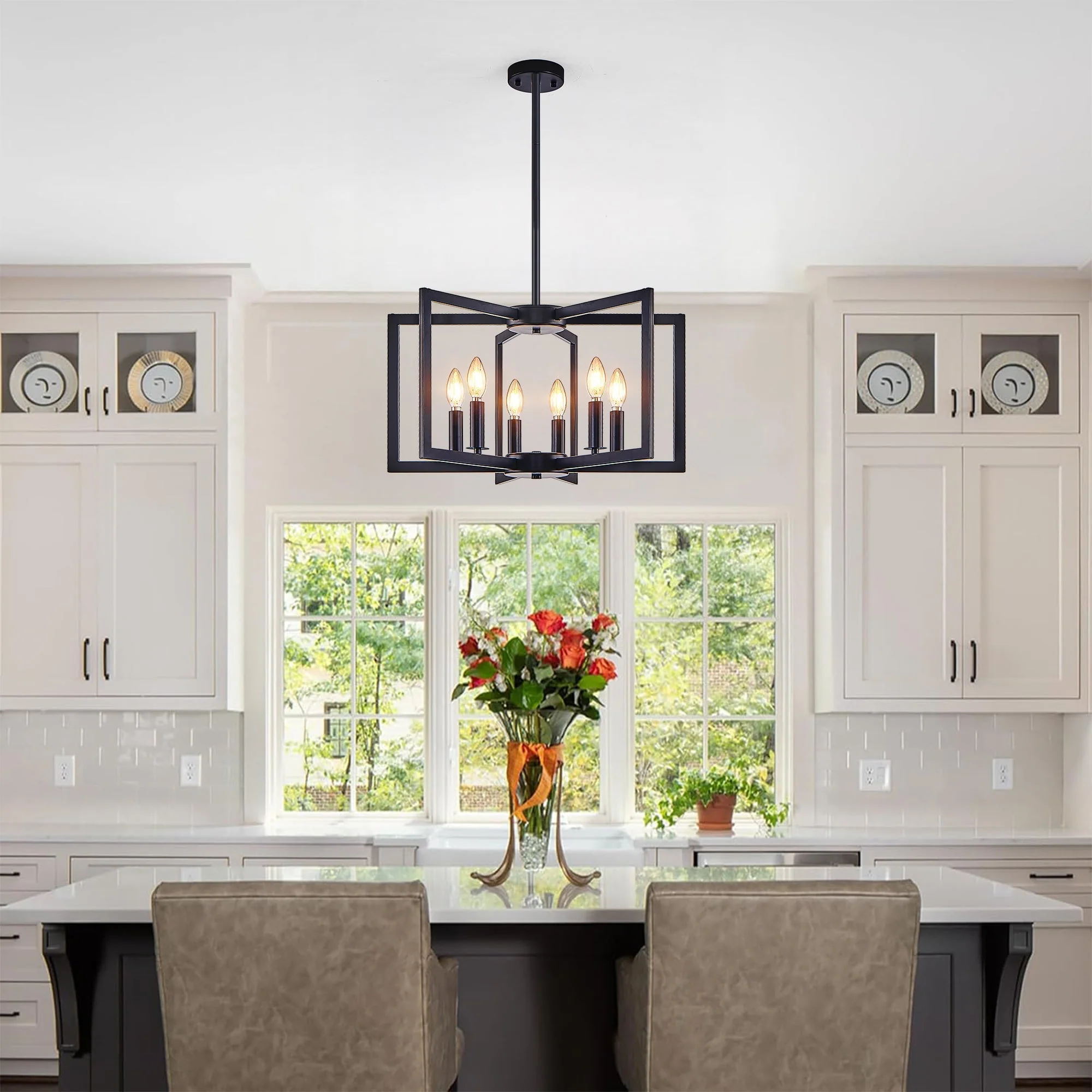 22' Modern Black Geometric 6-Light Chandelier – Industrial Metal Pendant Light Fixture for Living Room, Dining Room, or Kitchen (Bulb Not Included) - Image 3