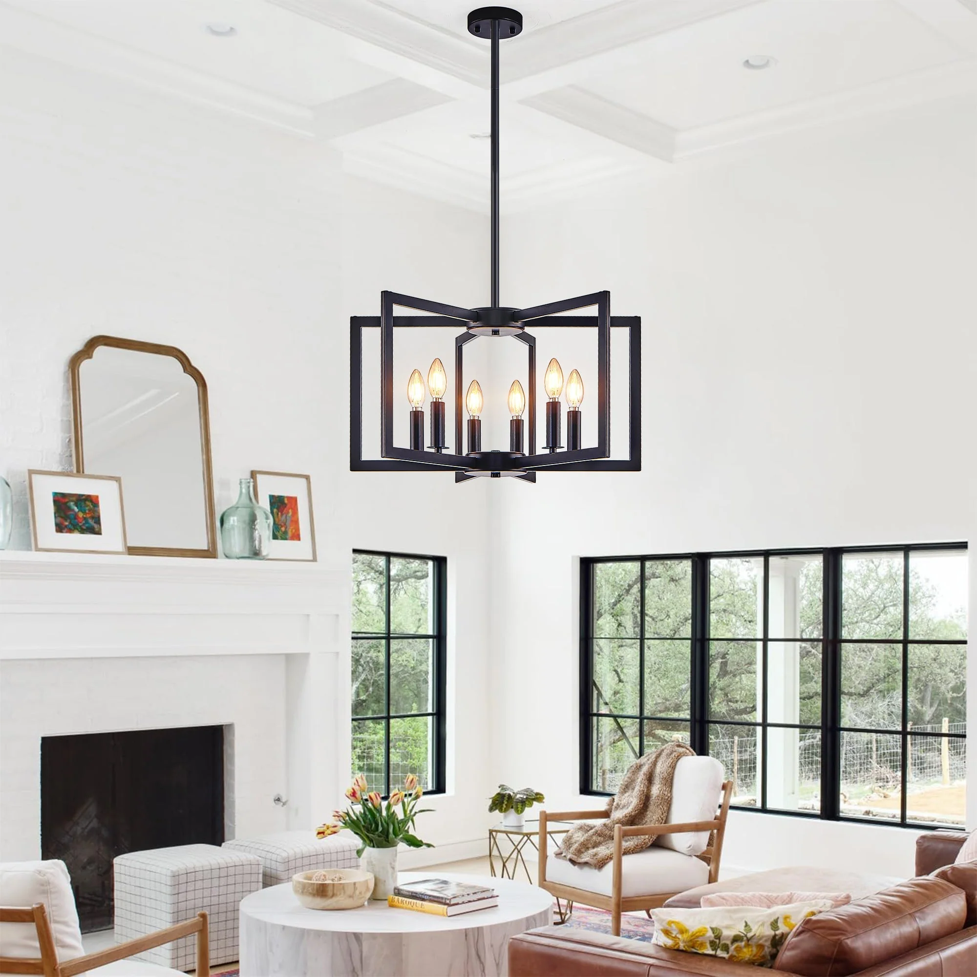 22' Modern Black Geometric 6-Light Chandelier – Industrial Metal Pendant Light Fixture for Living Room, Dining Room, or Kitchen (Bulb Not Included) - Image 4