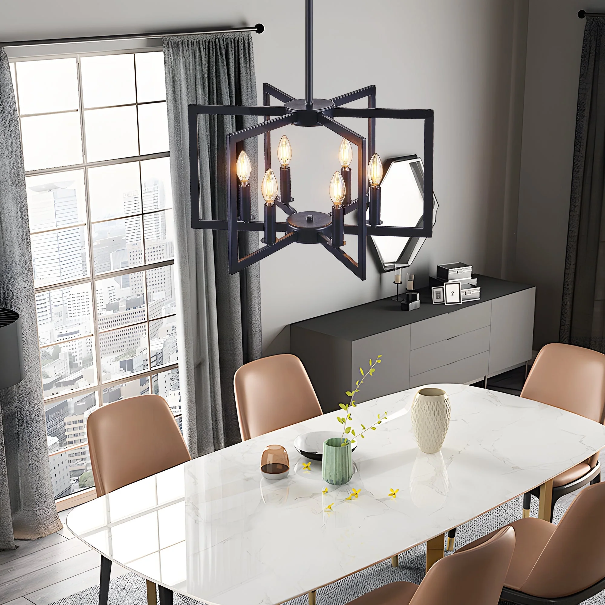 22' Modern Black Geometric 6-Light Chandelier – Industrial Metal Pendant Light Fixture for Living Room, Dining Room, or Kitchen (Bulb Not Included) - Image 5