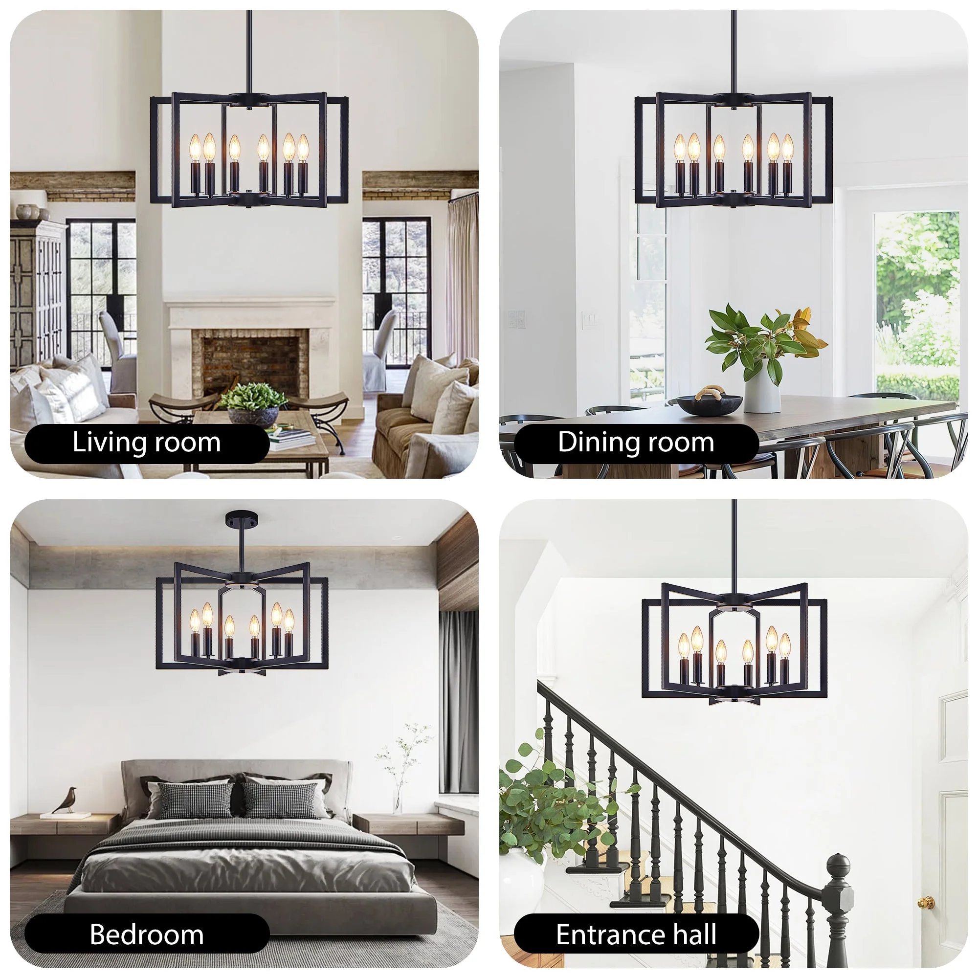 22' Modern Black Geometric 6-Light Chandelier – Industrial Metal Pendant Light Fixture for Living Room, Dining Room, or Kitchen (Bulb Not Included) - Image 6