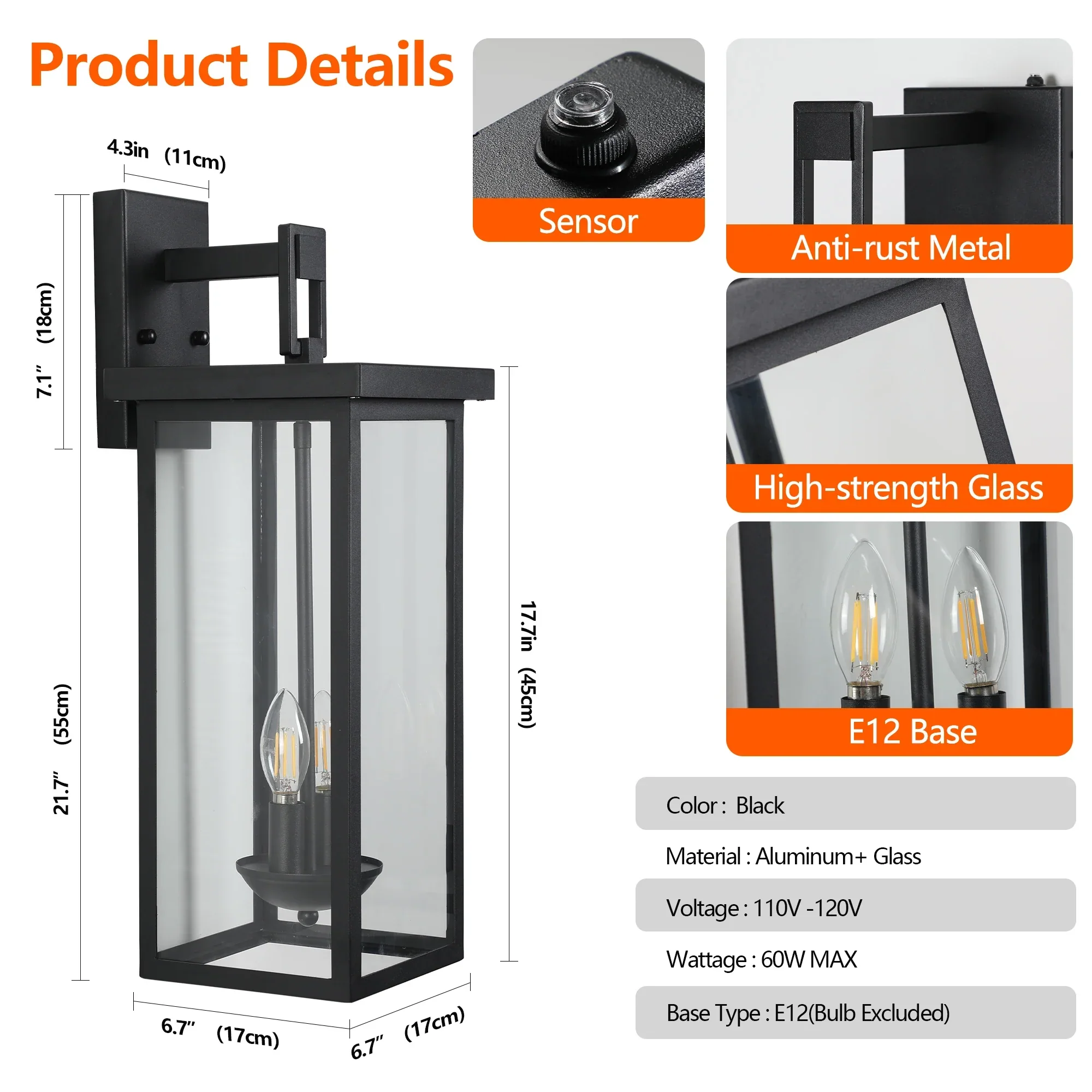 22" Outdoor Wall Lantern Dusk to Dawn Sensor Matte Black Weatherproof Exterior Light - Image 2
