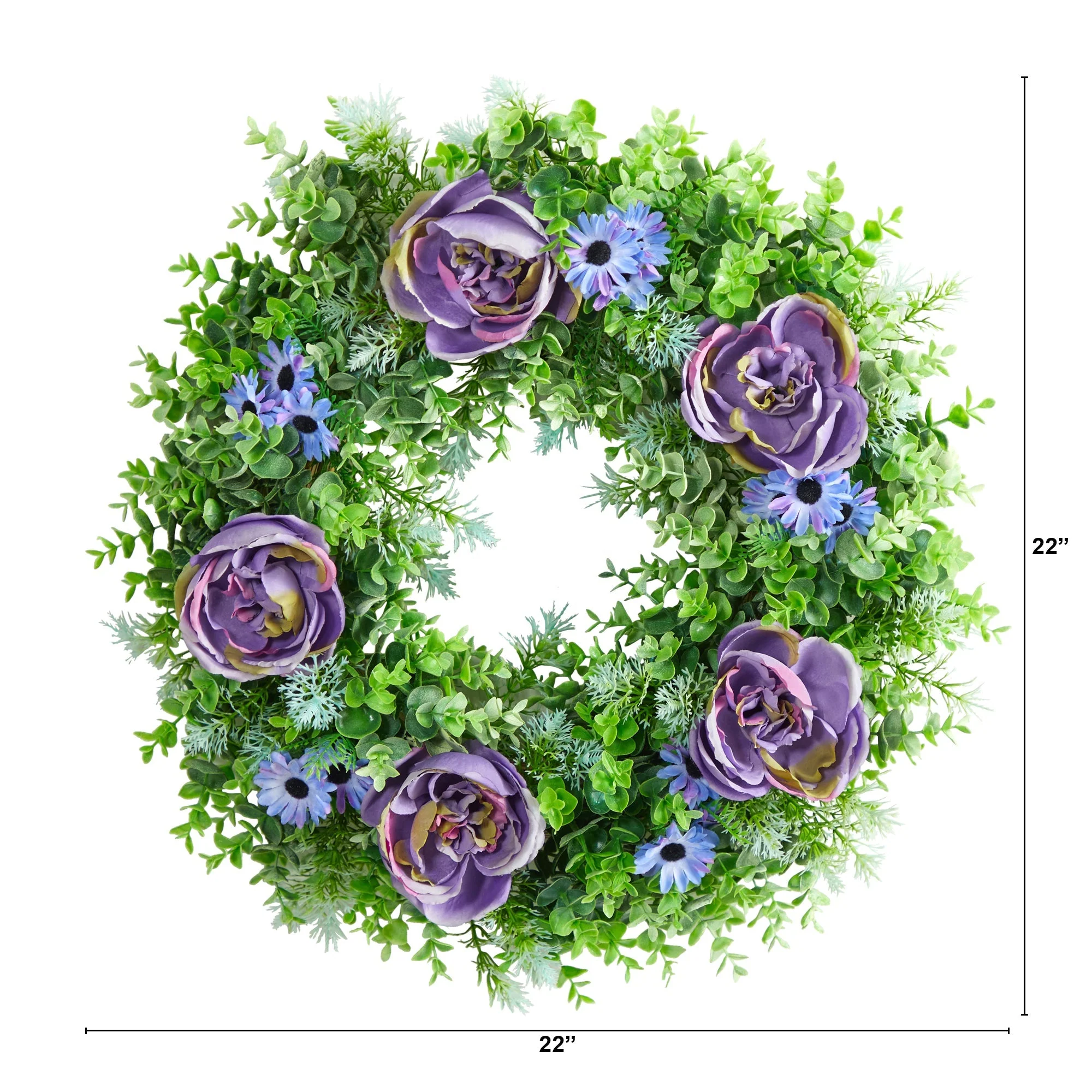 22” Purple Rose, Blue Daisy and Greens Artificial Wreath - Image 2