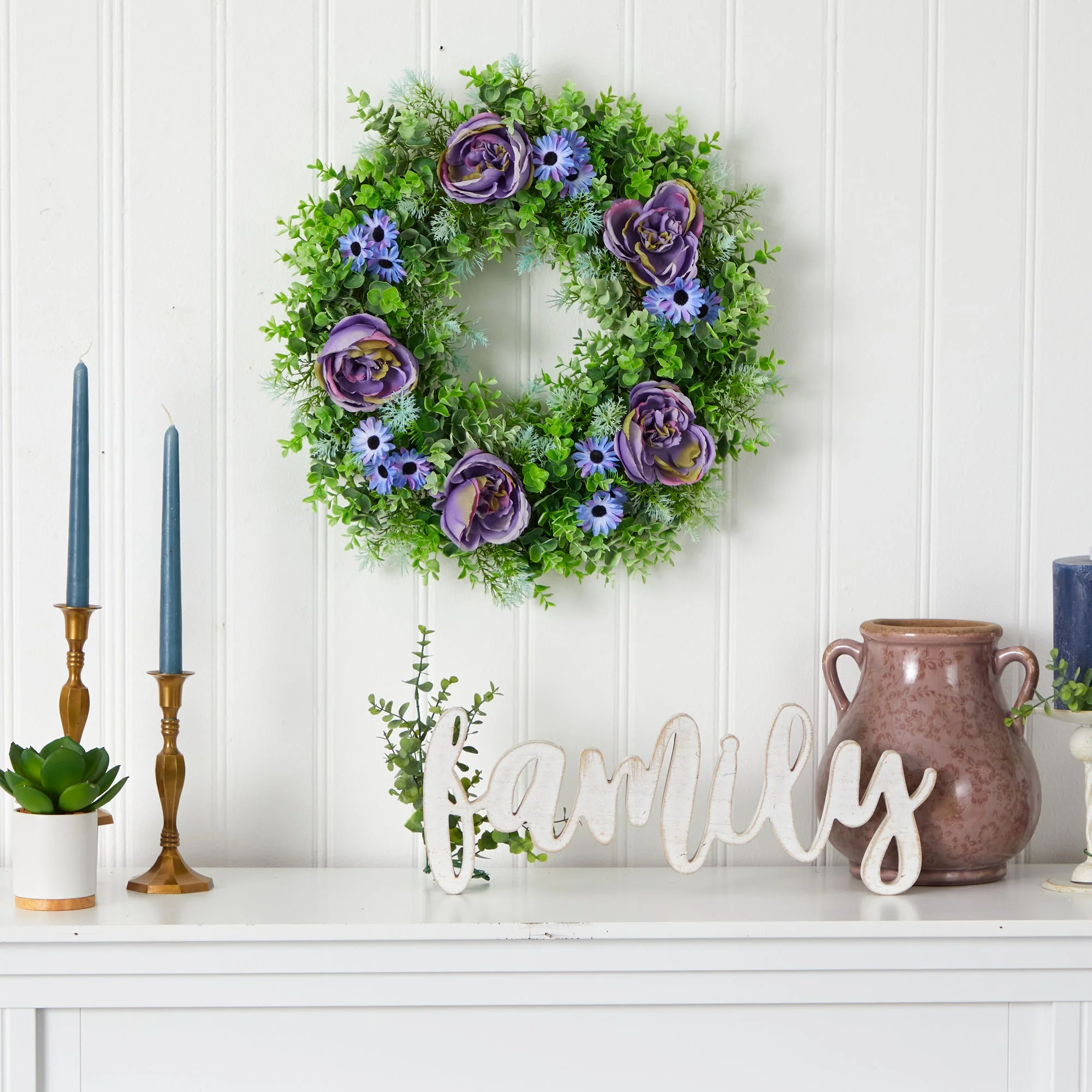 22” Purple Rose, Blue Daisy and Greens Artificial Wreath - Image 3