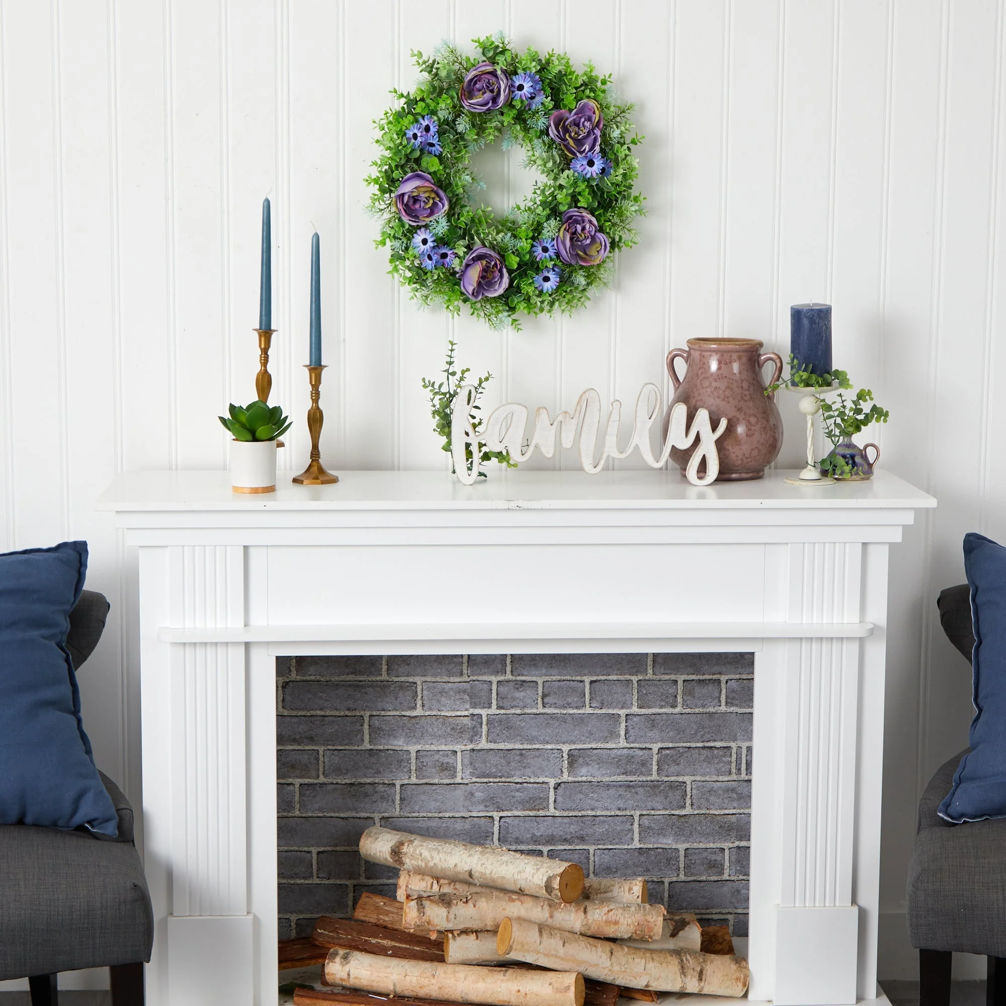 22” Purple Rose, Blue Daisy and Greens Artificial Wreath - Image 4