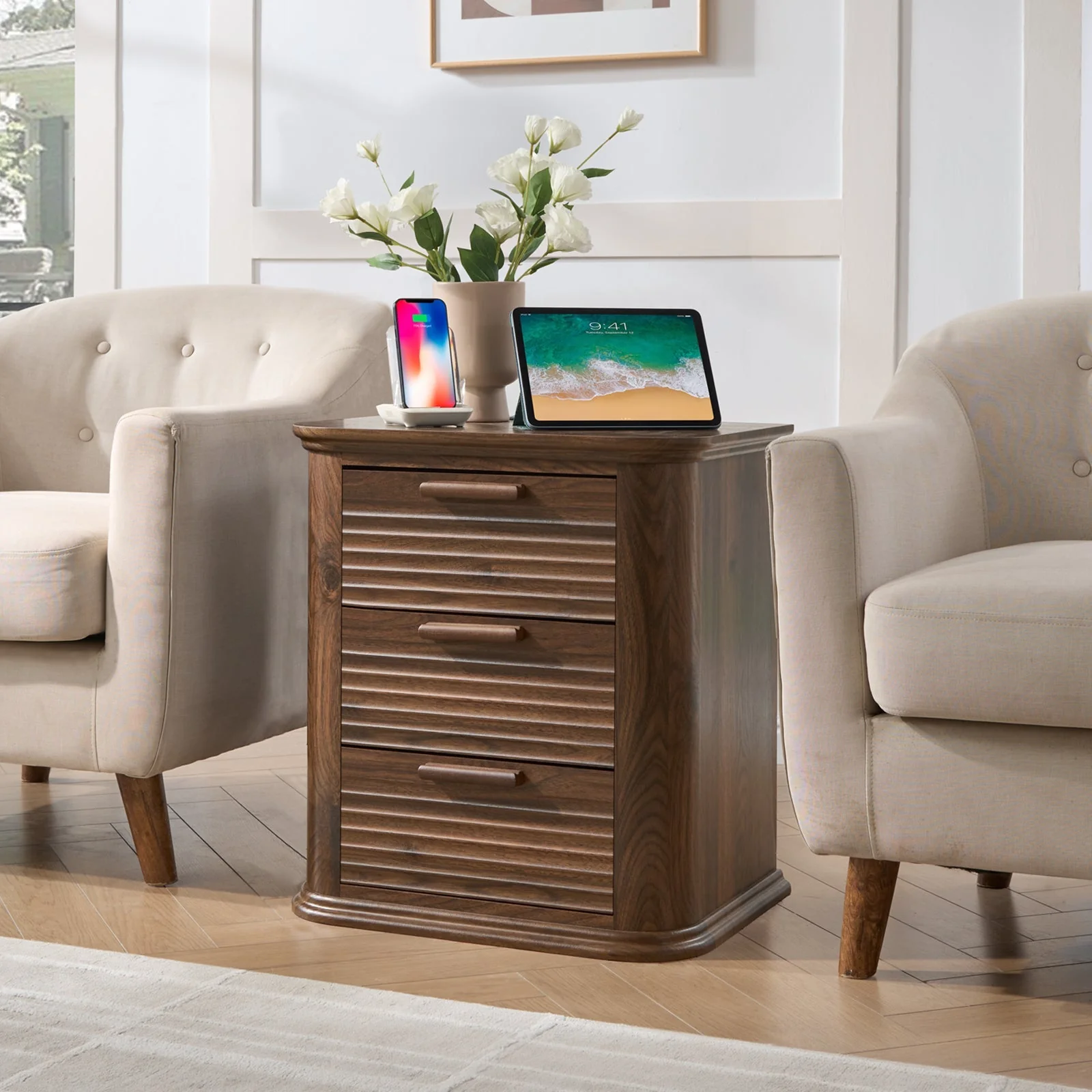 22" Wide Fluted Nightstand with Charging Station - Image 11