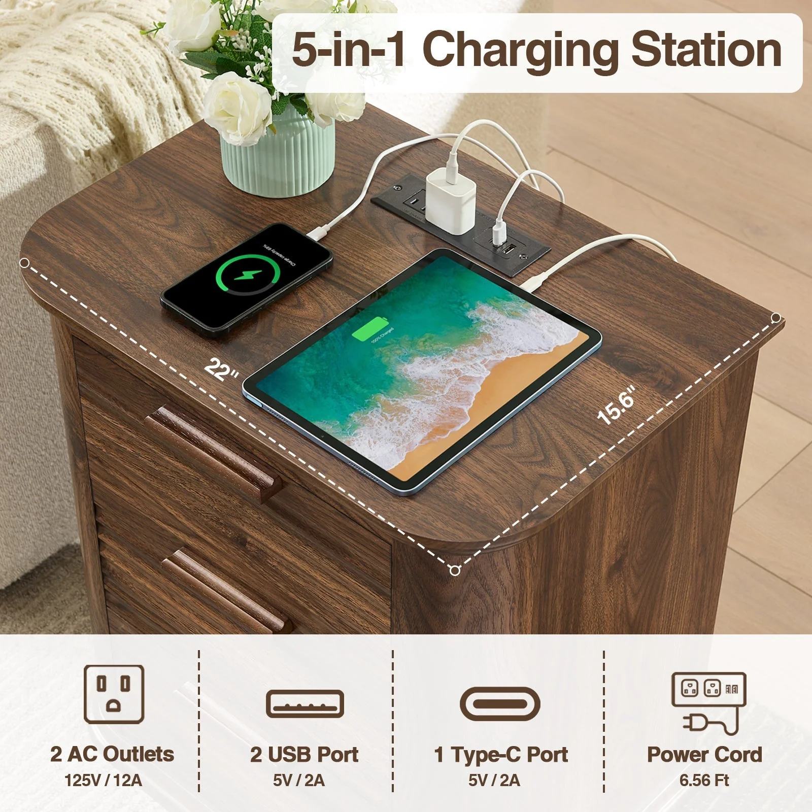 22" Wide Fluted Nightstand with Charging Station - Image 3