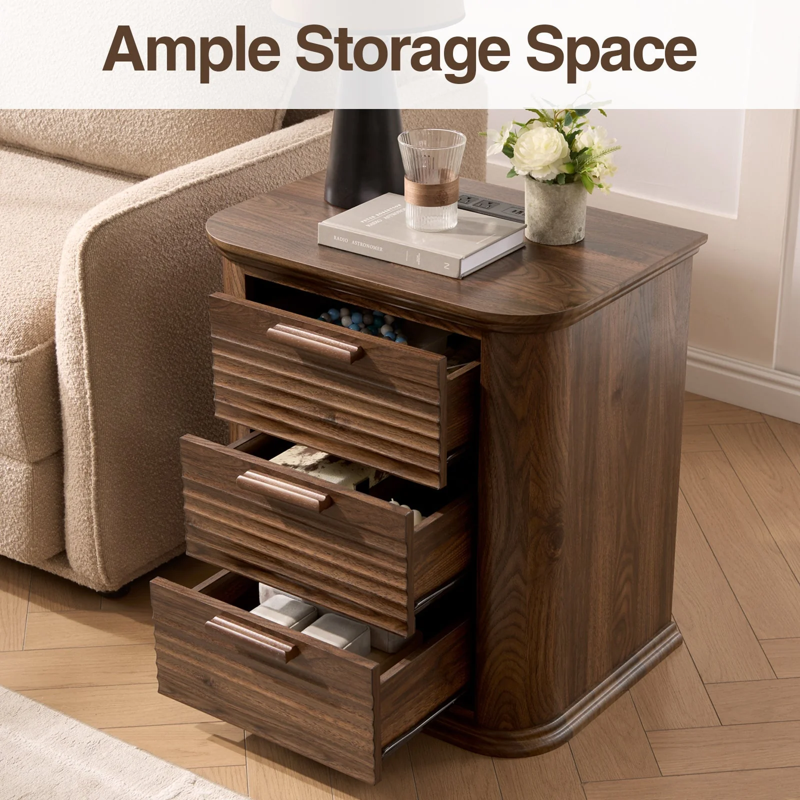 22" Wide Fluted Nightstand with Charging Station - Image 4