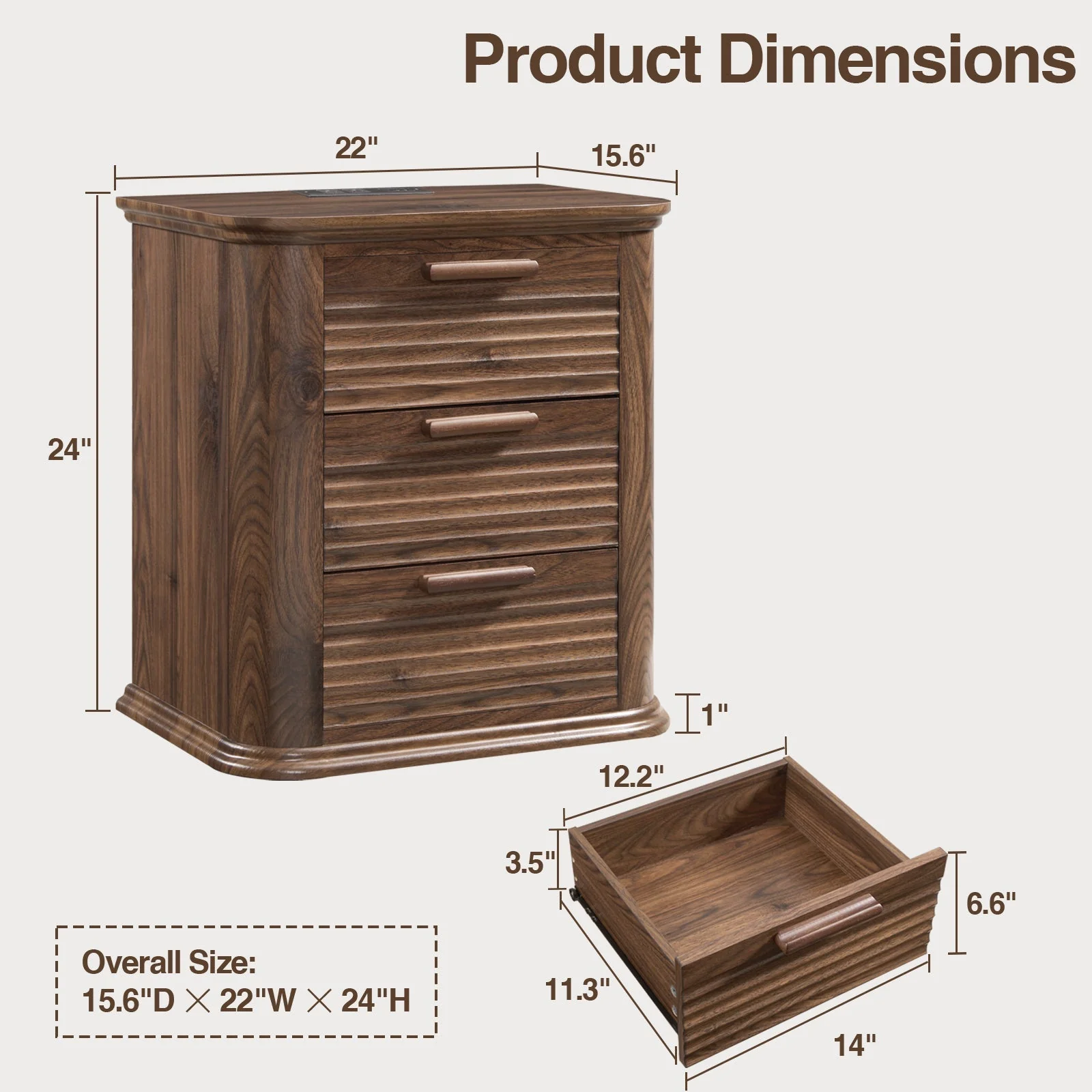 22" Wide Fluted Nightstand with Charging Station - Image 9