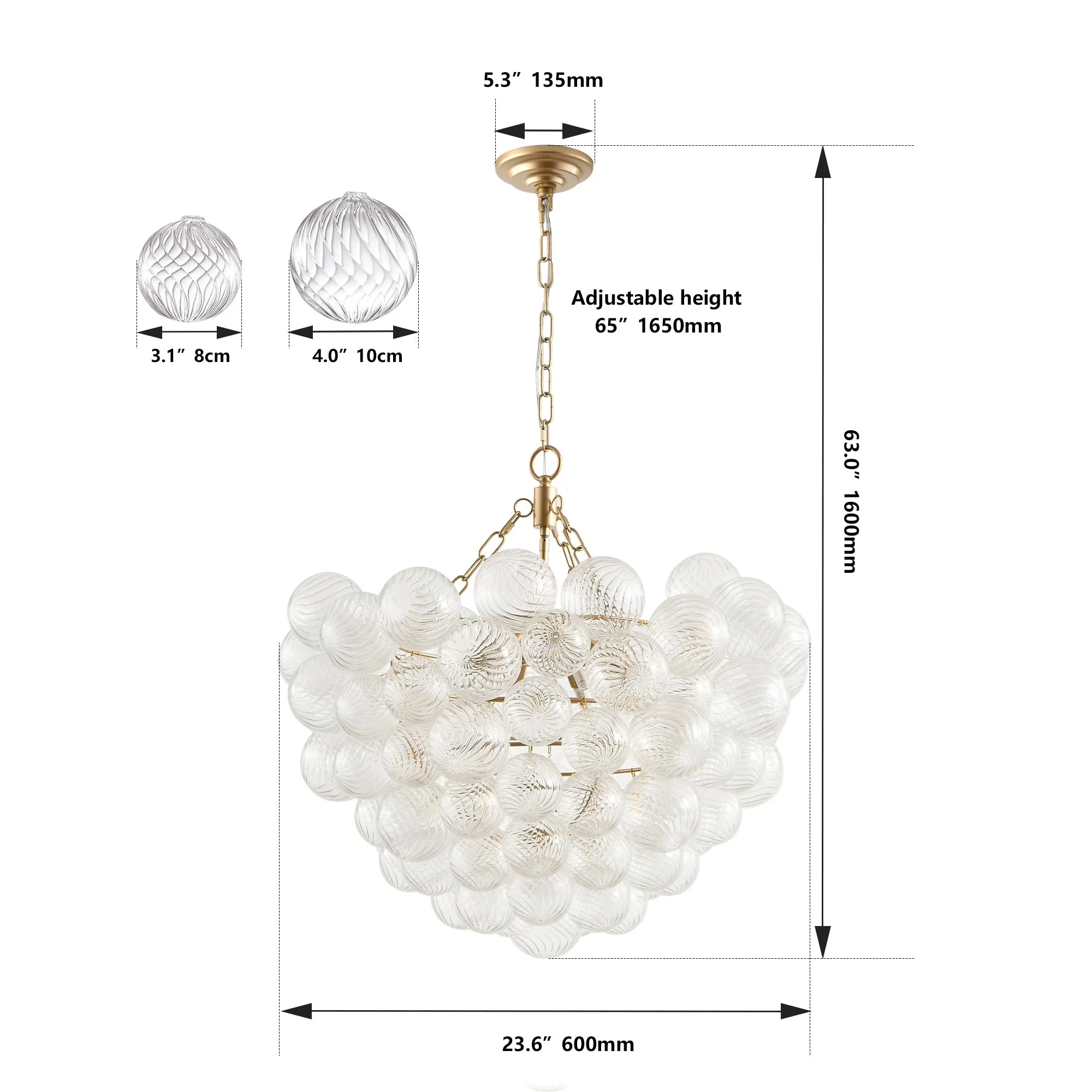 23.6-Inch Gold Pendant Light Chandelier with Threaded Clear Glass Globe Shade - Image 10
