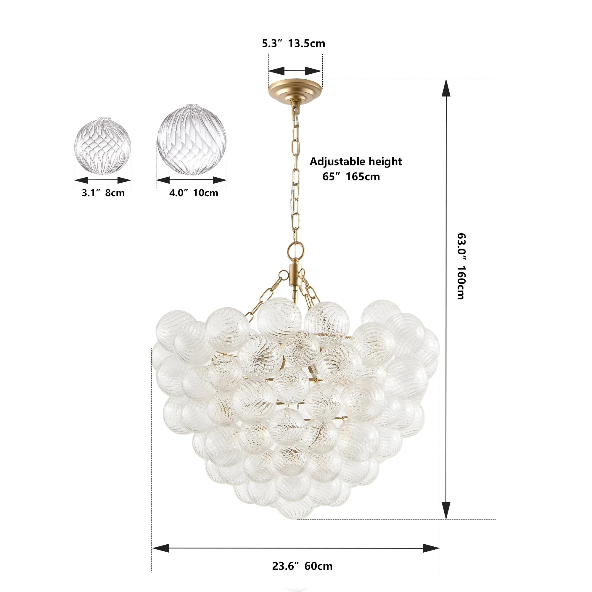 23.6-Inch Gold Pendant Light Chandelier with Threaded Clear Glass Globe Shade - Image 11