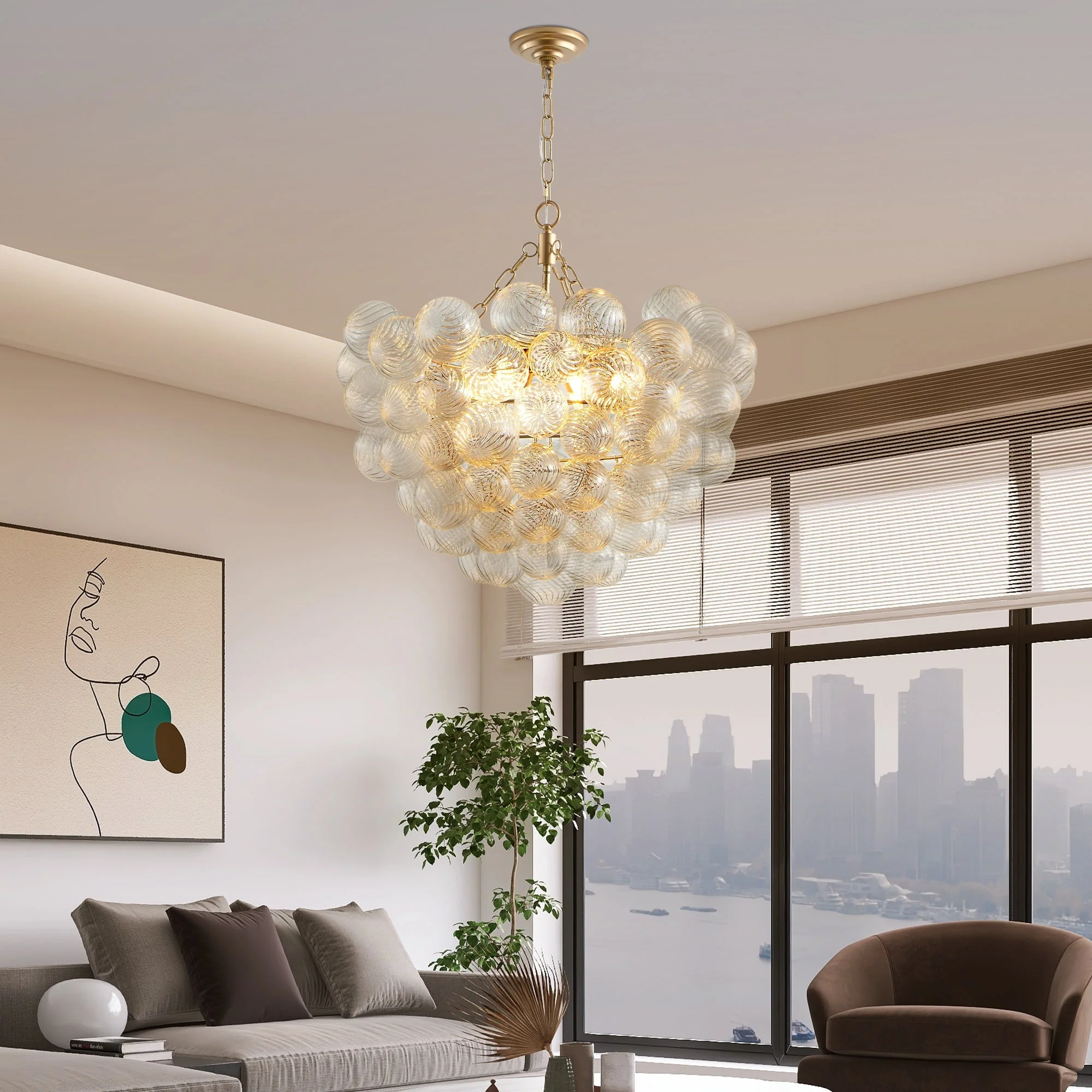 23.6-Inch Gold Pendant Light Chandelier with Threaded Clear Glass Globe Shade - Image 4