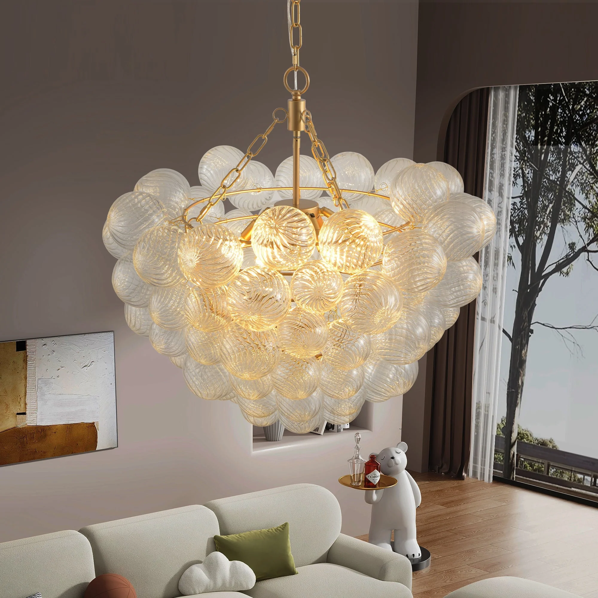 23.6-Inch Gold Pendant Light Chandelier with Threaded Clear Glass Globe Shade - Image 5