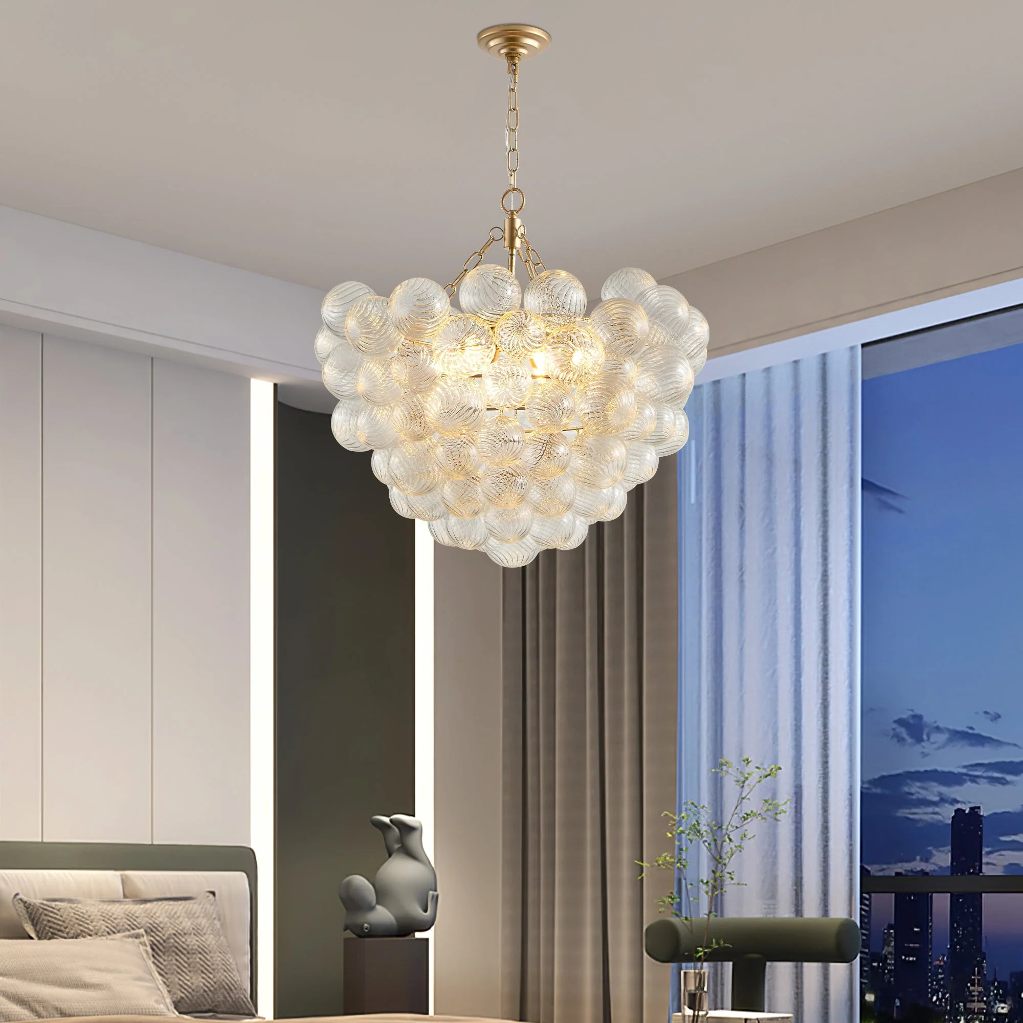 23.6-Inch Gold Pendant Light Chandelier with Threaded Clear Glass Globe Shade - Image 6