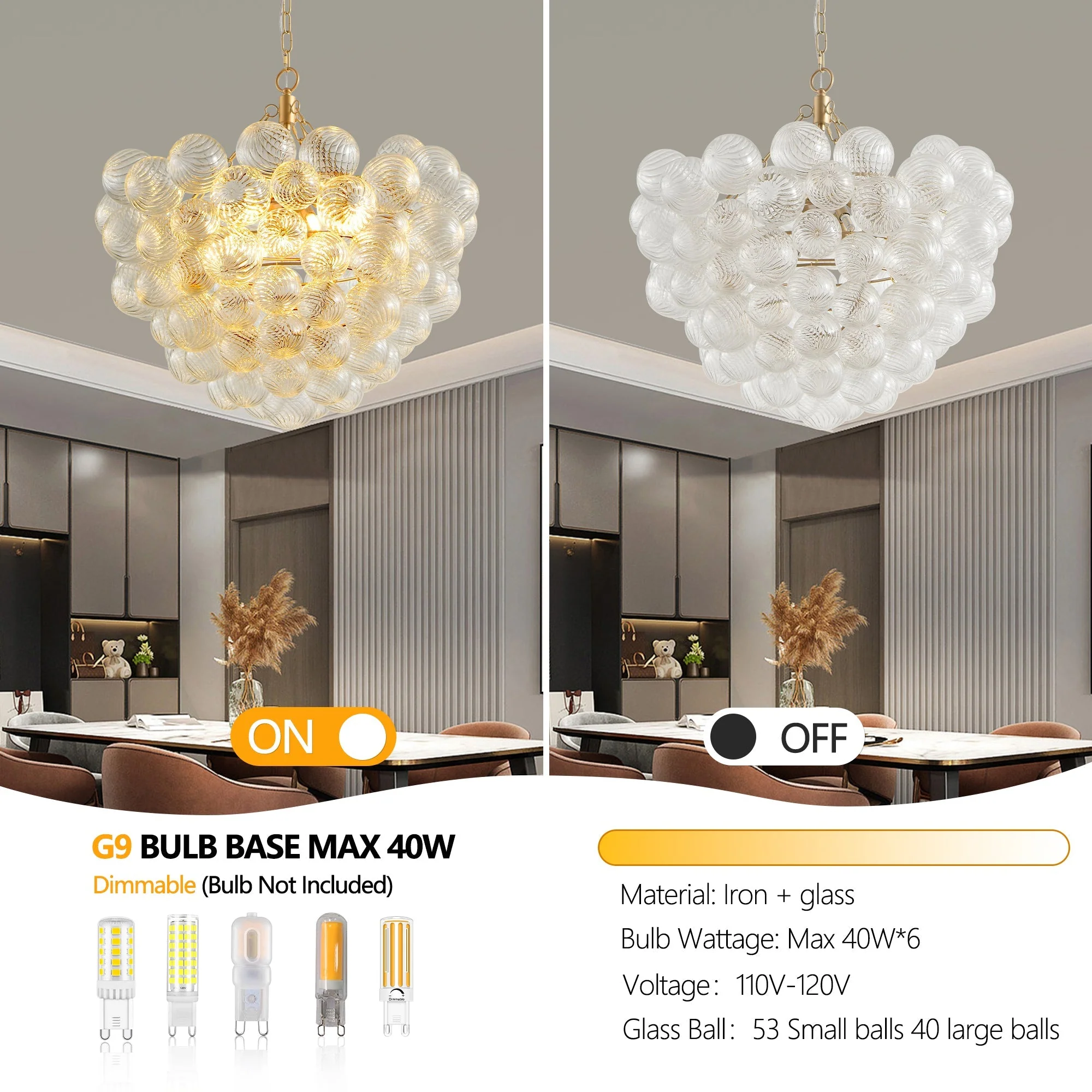 23.6-Inch Gold Pendant Light Chandelier with Threaded Clear Glass Globe Shade - Image 8