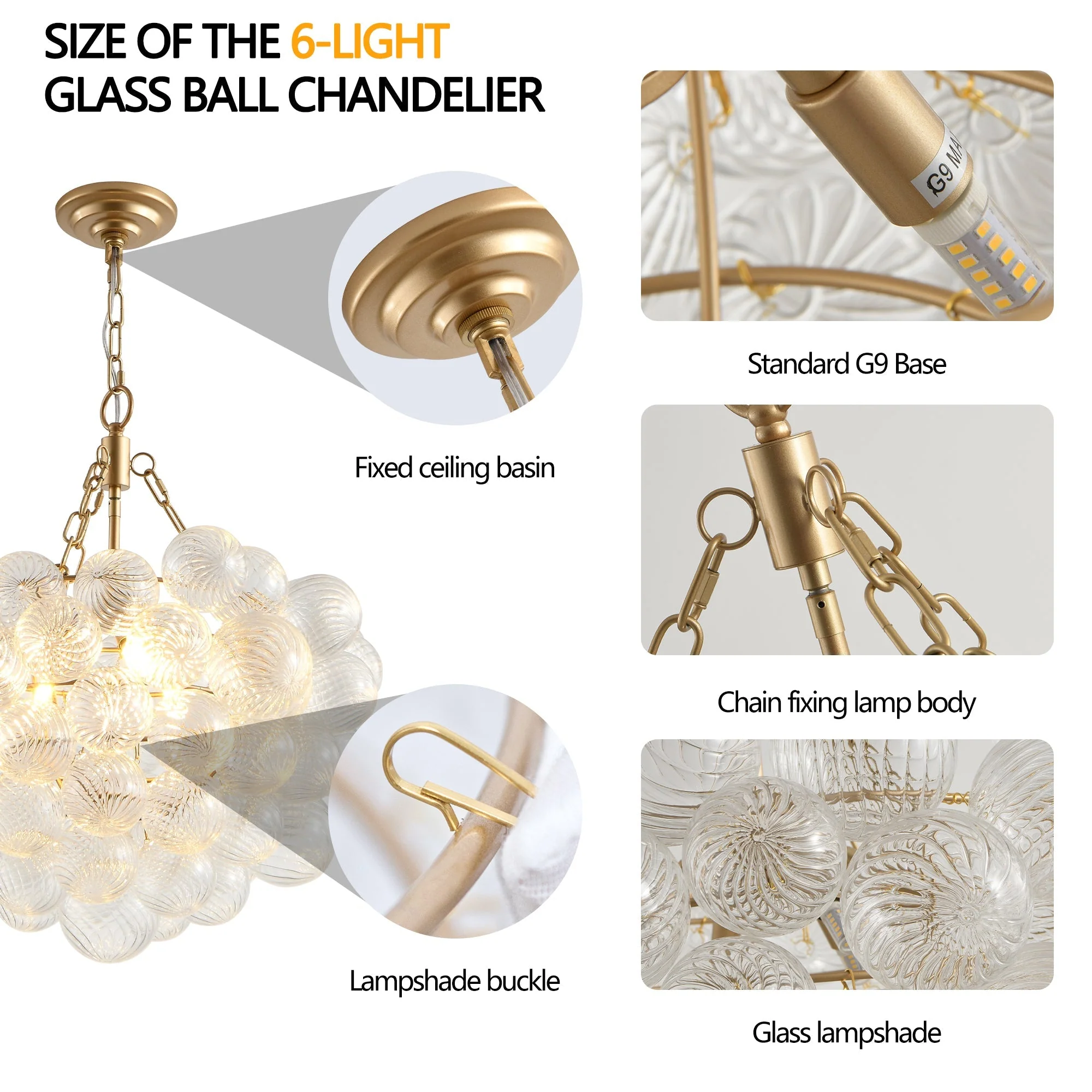 23.6-Inch Gold Pendant Light Chandelier with Threaded Clear Glass Globe Shade - Image 9