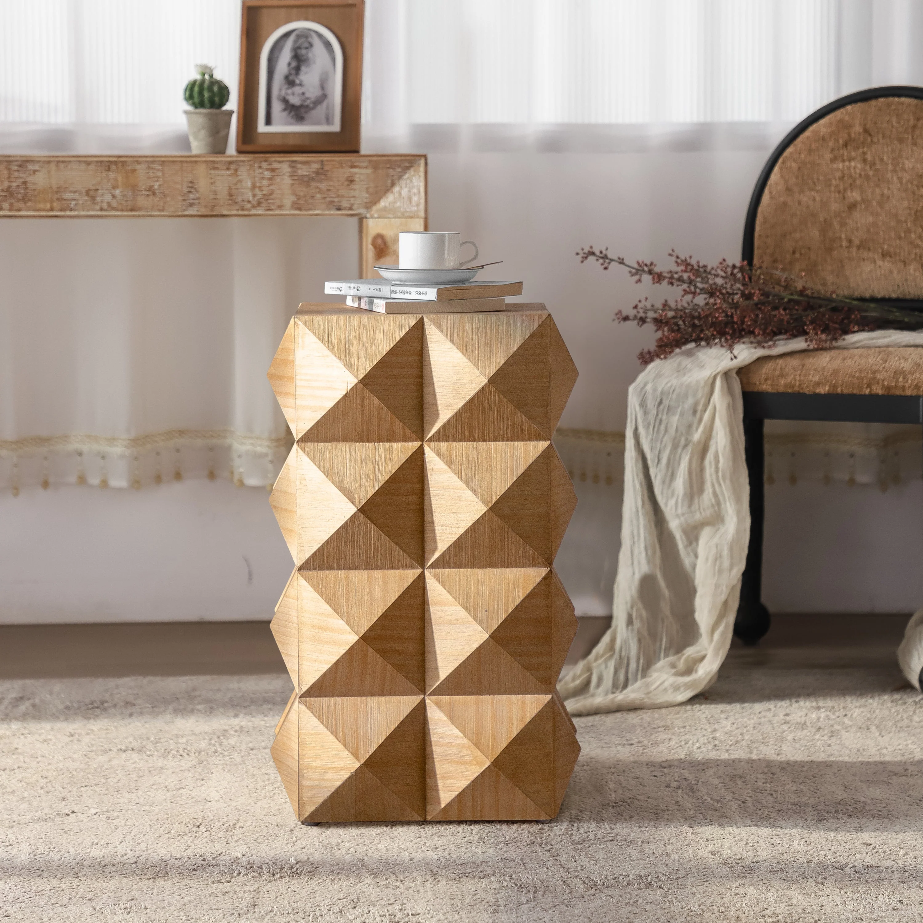 23.62" Height Three-Dimensional Embossed Pattern Wooden Nightstand - Image 2