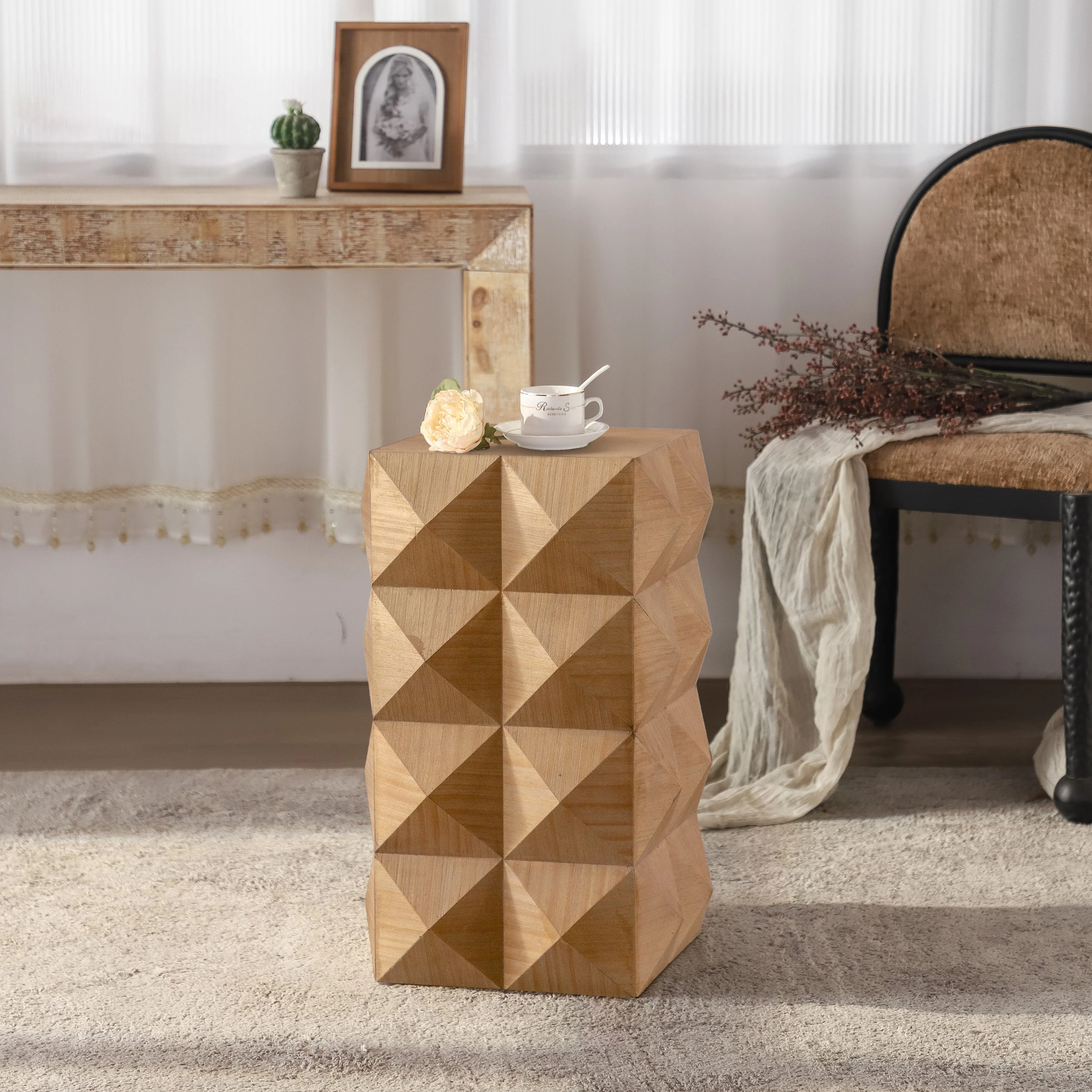 23.62" Height Three-Dimensional Embossed Pattern Wooden Nightstand - Image 3