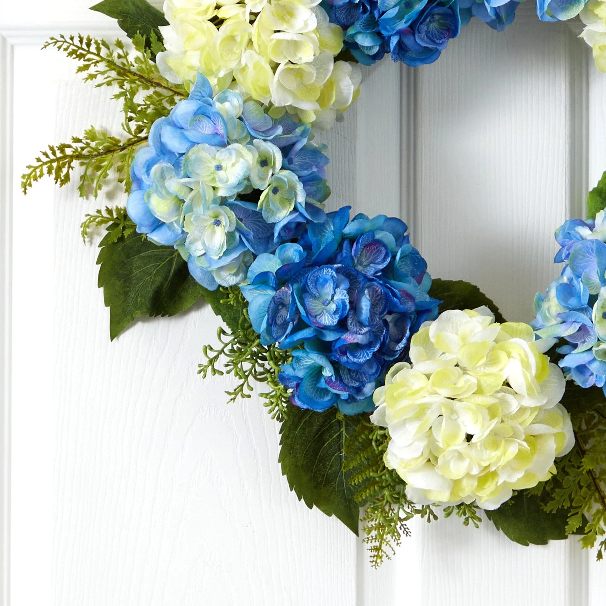 24” Artificial Blue and White Hydrangea Wreath - Image 2
