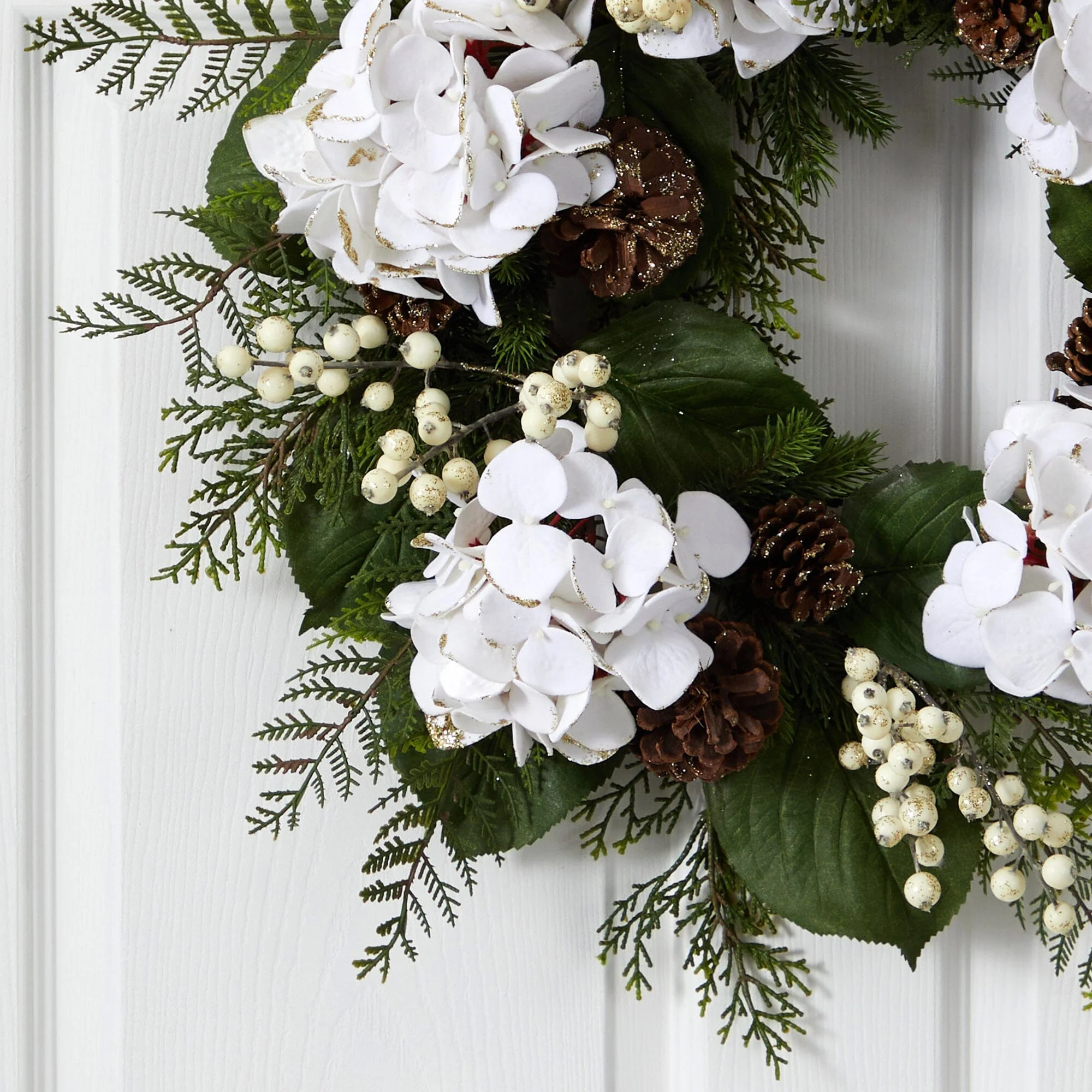 24” Artificial Hydrangea & Berry Gold Trimmed Wreath - Image 2