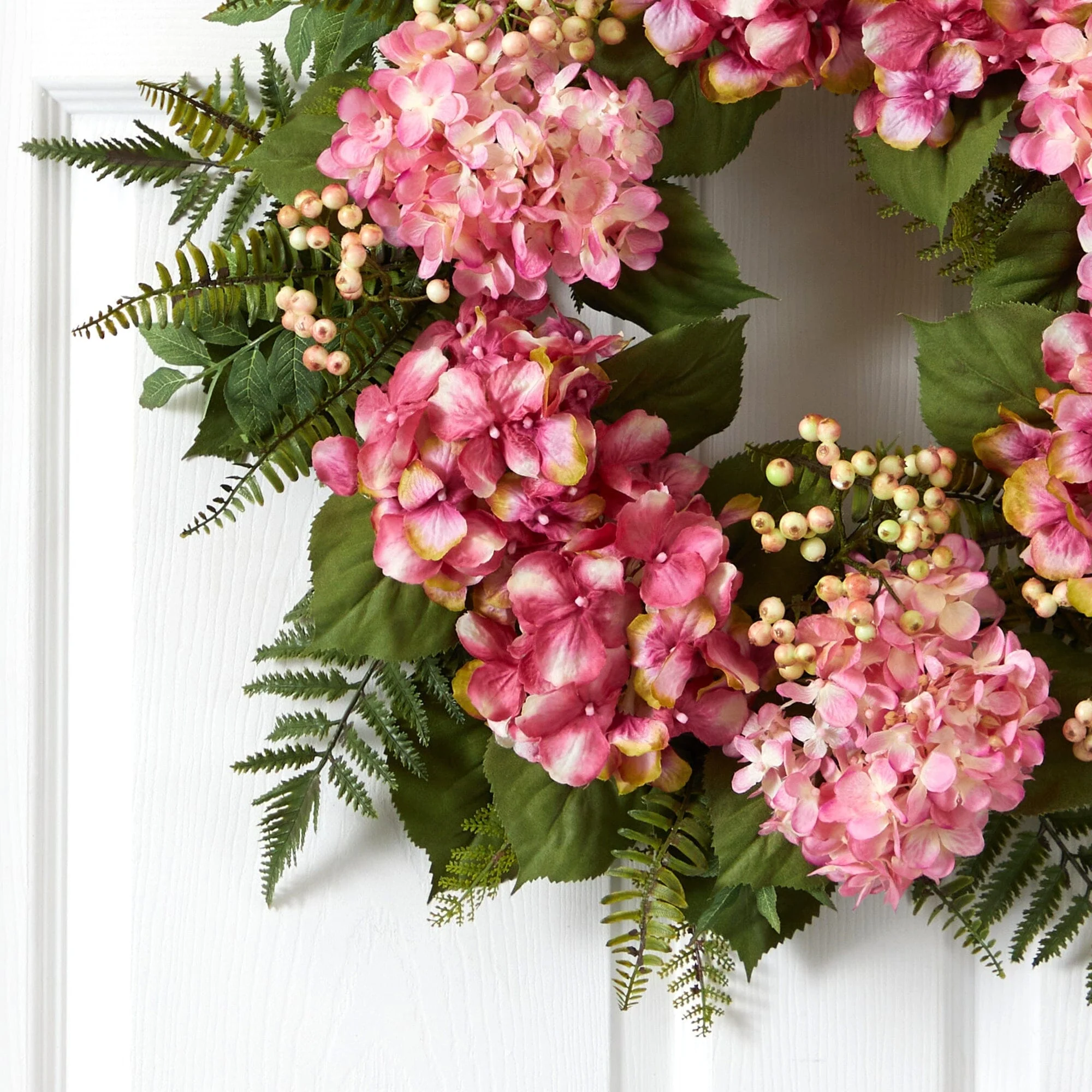 24” Artificial Pink Hydrangea Berry Wreath - Image 2