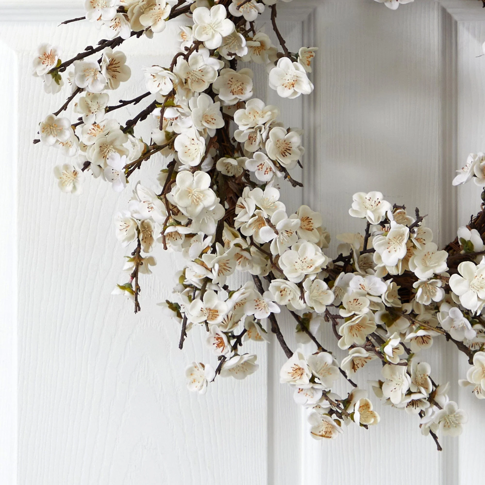 24” Artificial White Plum Blossom Wreath - Image 2