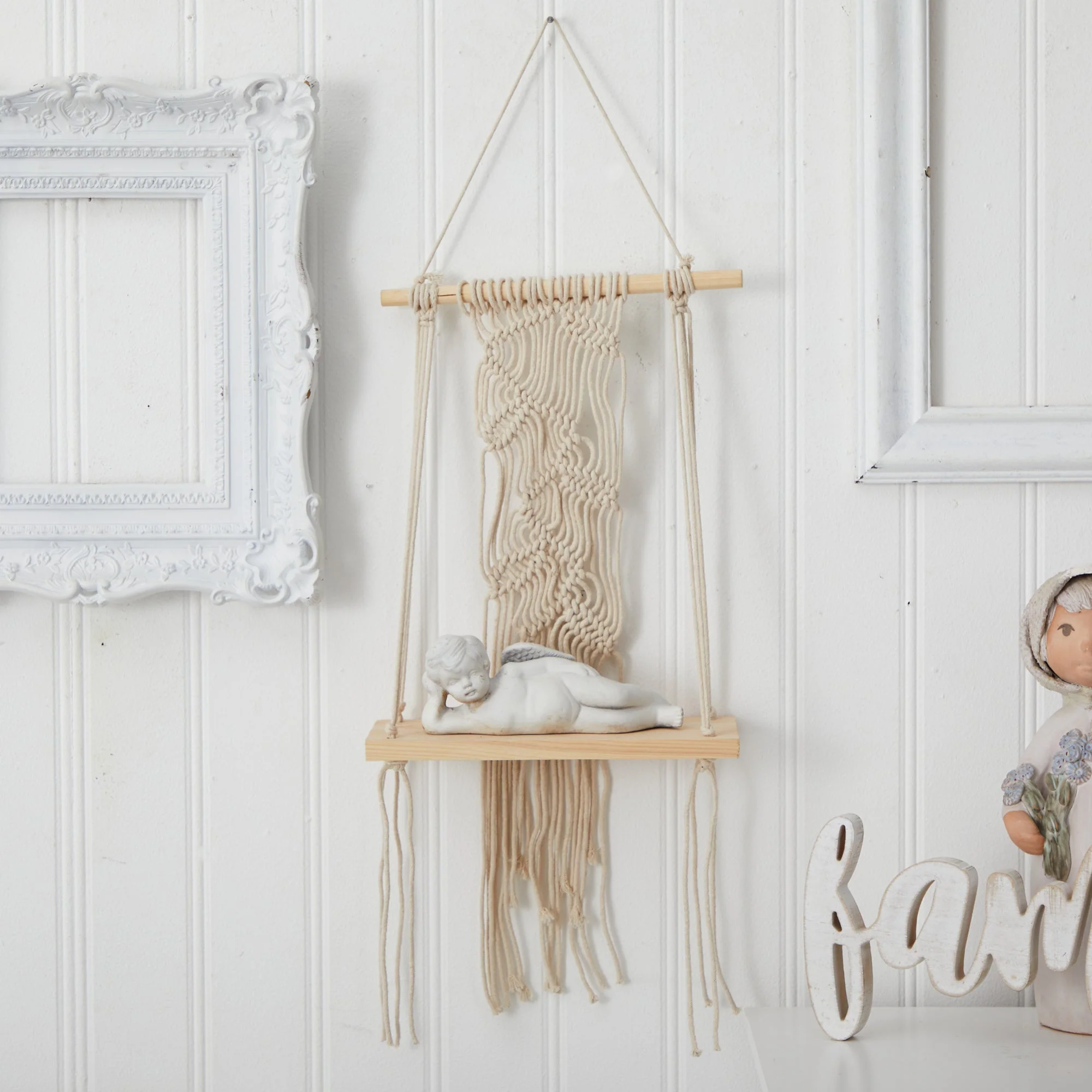 24” Boho Chic Wood Macrame Shelf - Image 3
