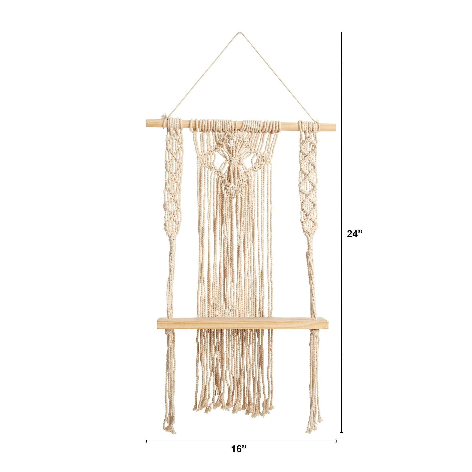 24" Boho Chic Wood Macrame Single Shelf Woven Diamond Wall Art Décor" - Image 2