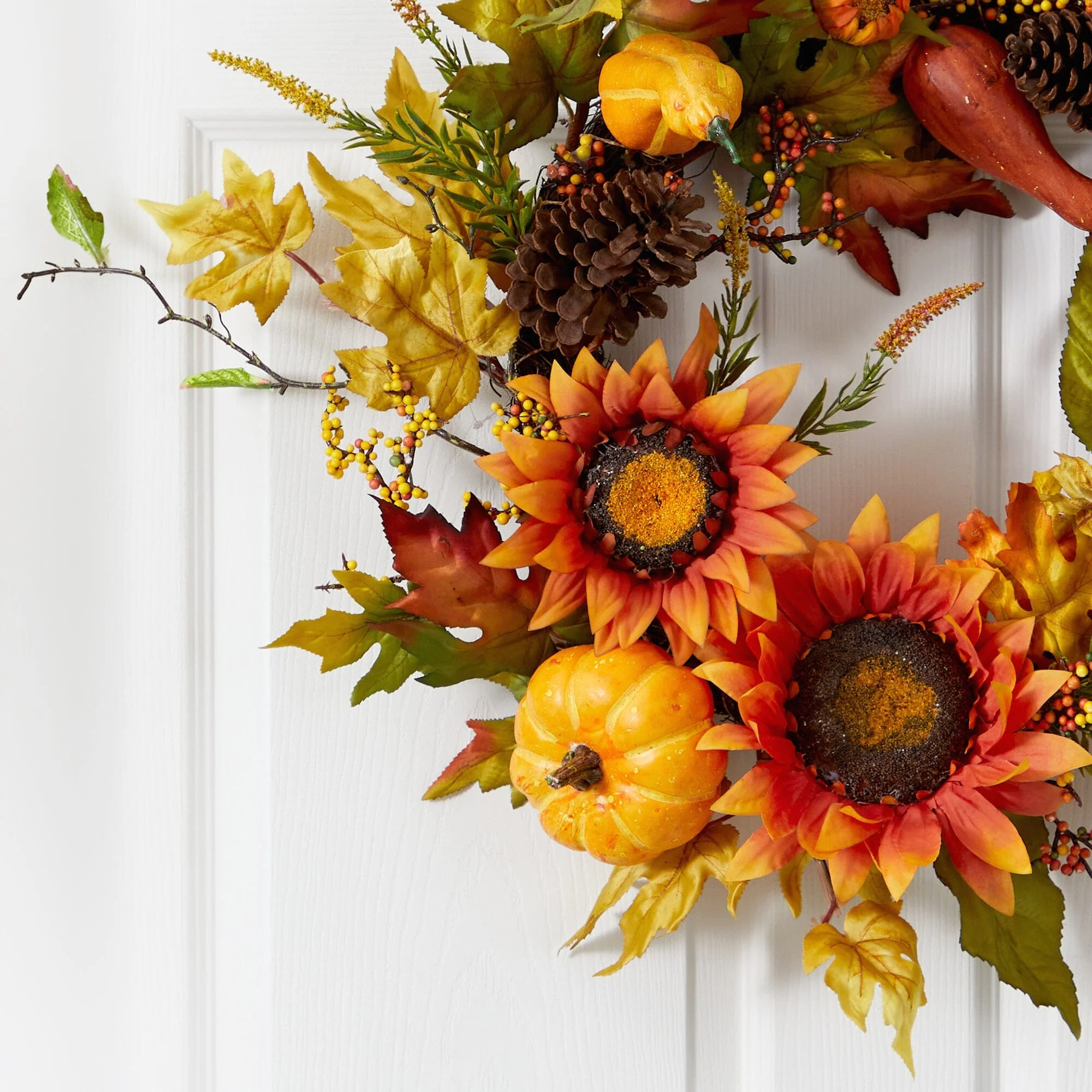 24” Fall Sunflower, Pumpkin, Gourds, Pinecone and Berries Autumn Artificial Wreath - Image 2