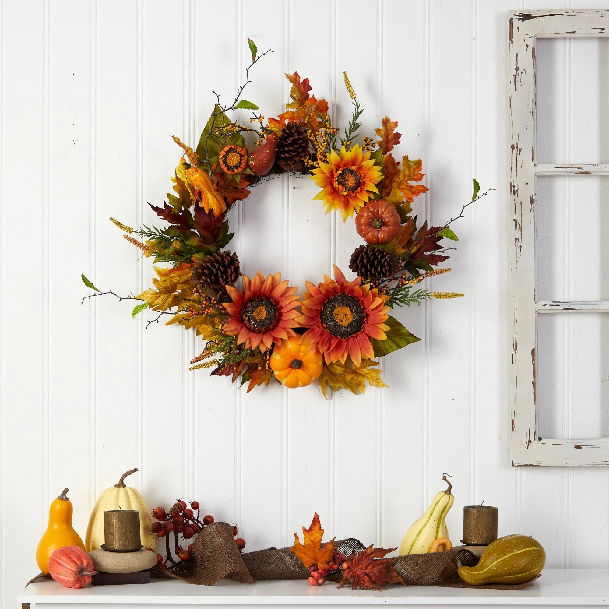 24” Fall Sunflower, Pumpkin, Gourds, Pinecone and Berries Autumn Artificial Wreath - Image 3